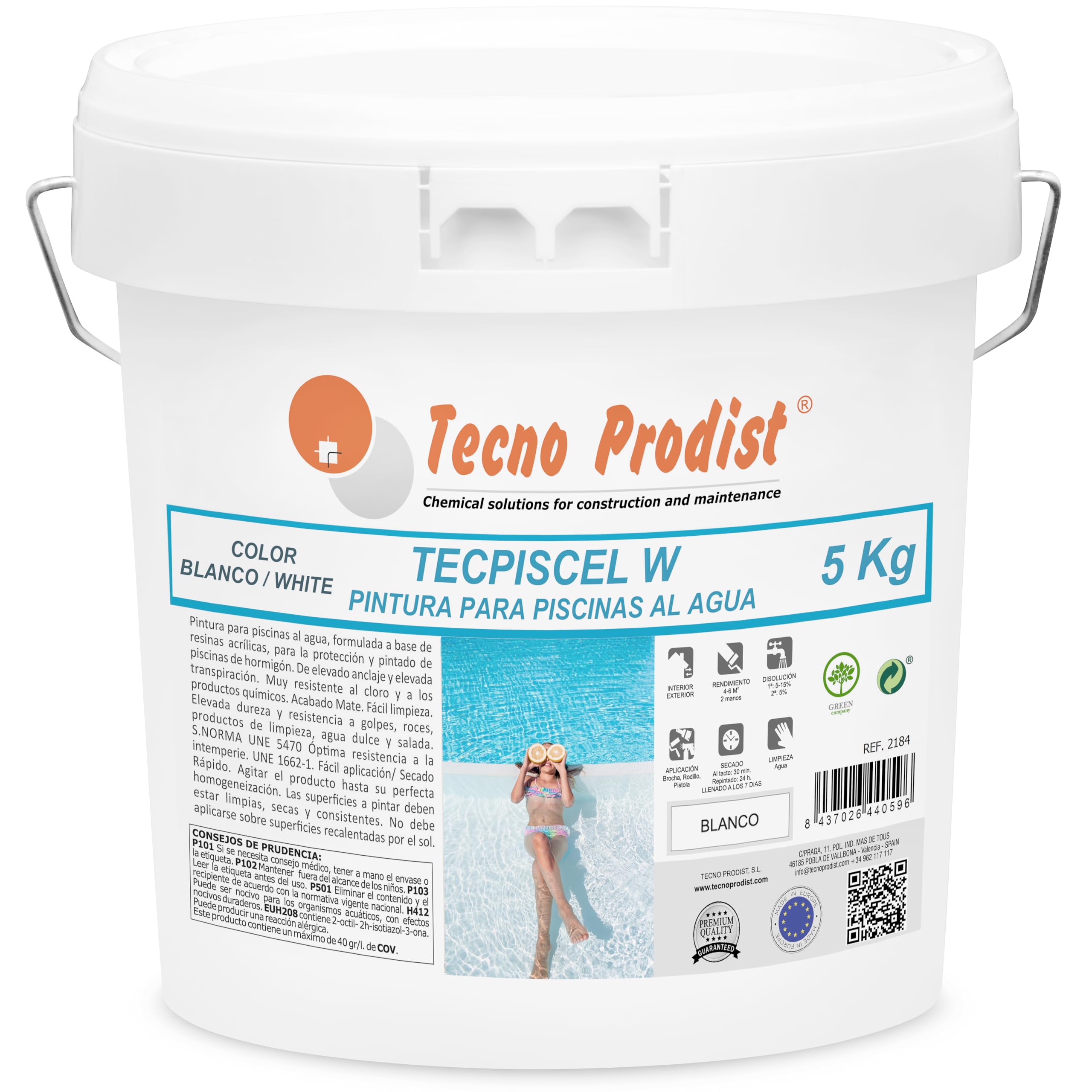 Tecno Prodist TECPISCEL W Farbe für Pools, 5 kg, weiß, hohe Festigkeit und Haltbarkeit, hohe Deckkraft, Flexibilität, Haftung, einfache Anwendung
