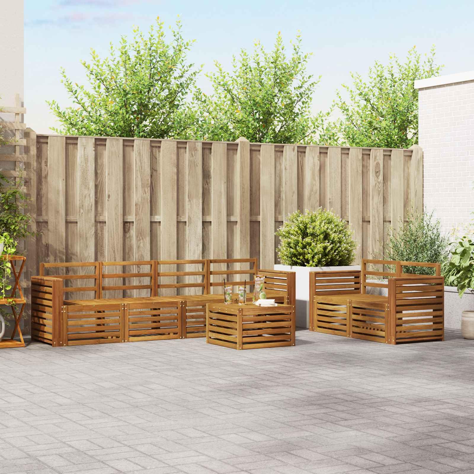 Massivholz Akazie Gartenmöbelgarnitur Set mit Tisch und 6 Sofas wetterfestes Outdoor-Möbelset für Terrasse Balkon und Garten, langlebige Essgruppe mit modernem Design und einfacher Pflege
