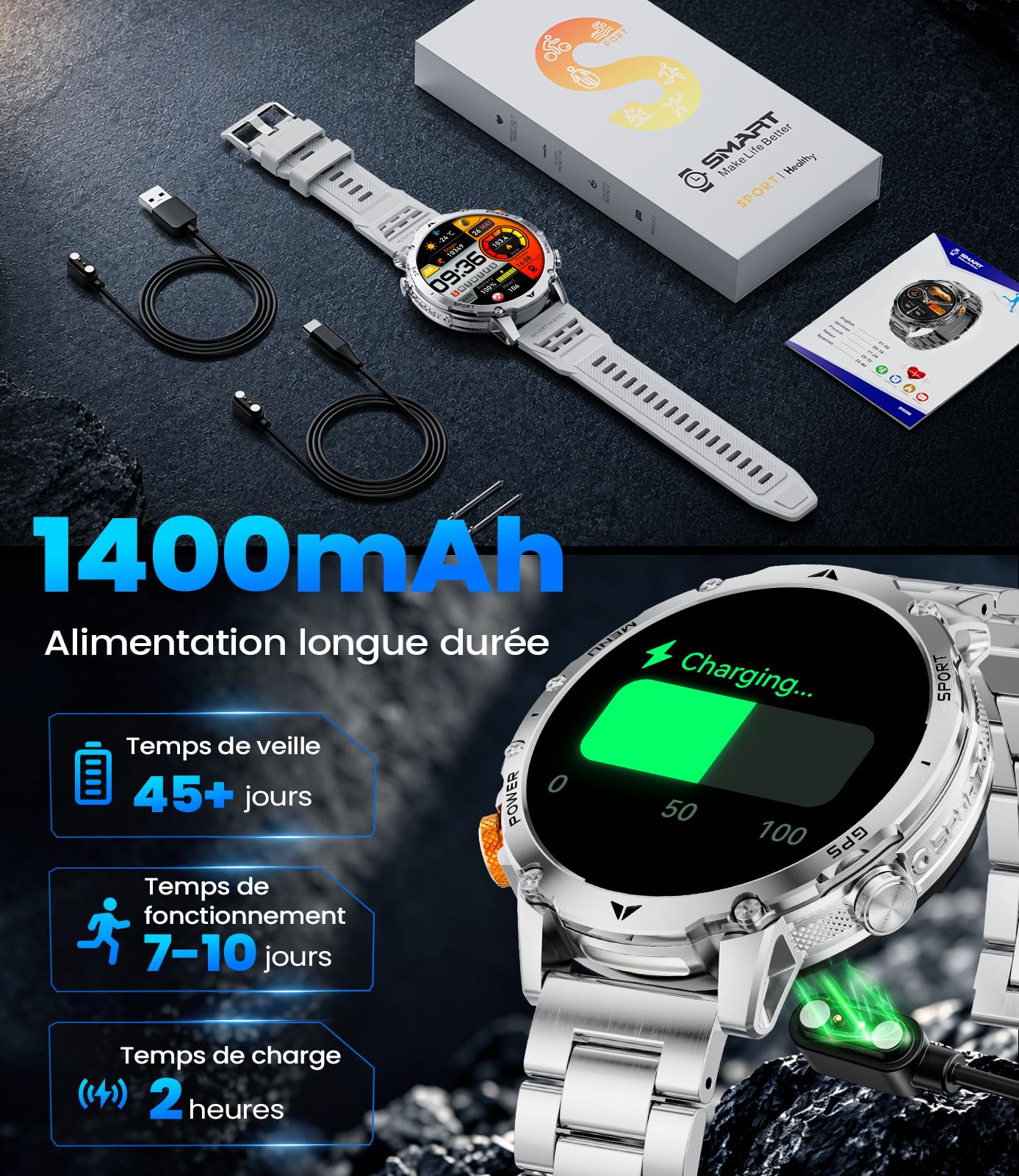 SUNKTA GPS 1400mAh Montre Connectée Homme, Altimètre, Boussole, Appels Bluetooth, Écran HD 1,7", Lampe LED, 120+ Modes Sportifs, Smartwatch Homme Sport, Fréquence Cardiaque, SpO2, Android/iOS,Argent
