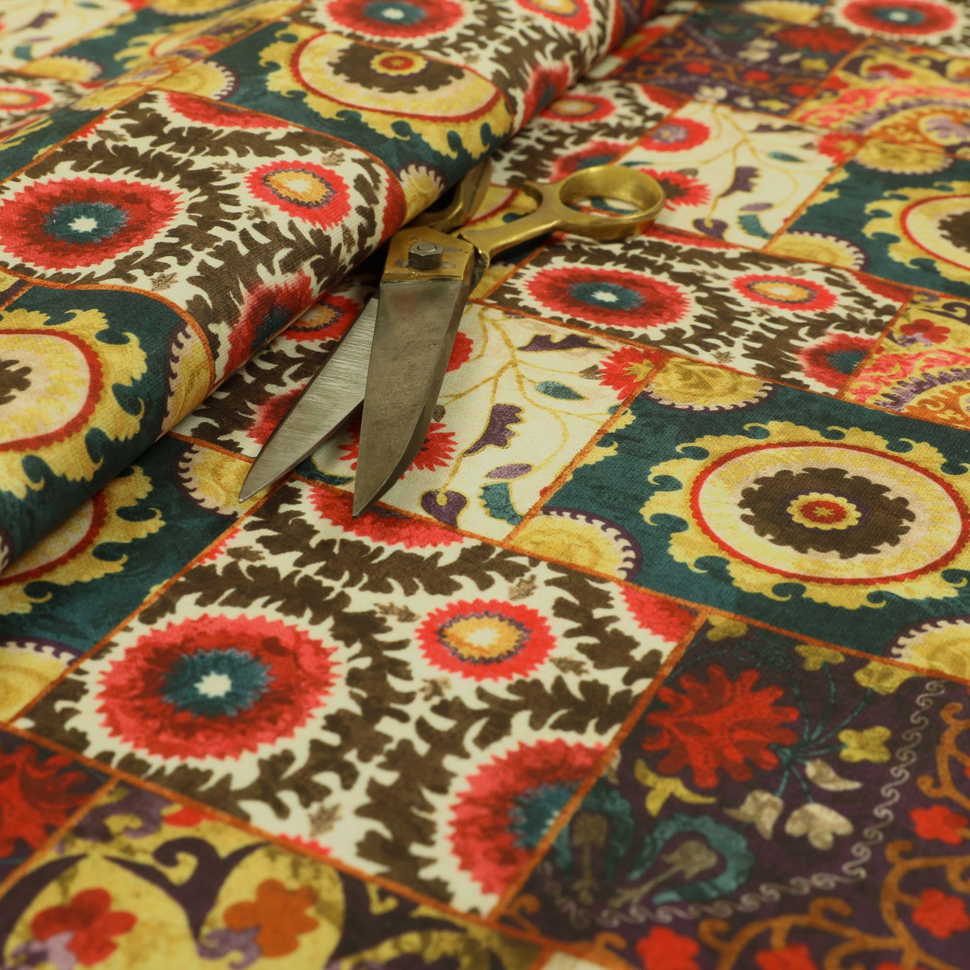 Redbrick Mill Fabrics Flame Retardant Funky Patchwork Multi Pattern Velour Velvet Printed Upholstery Curtain Fabrics (Per Metre)