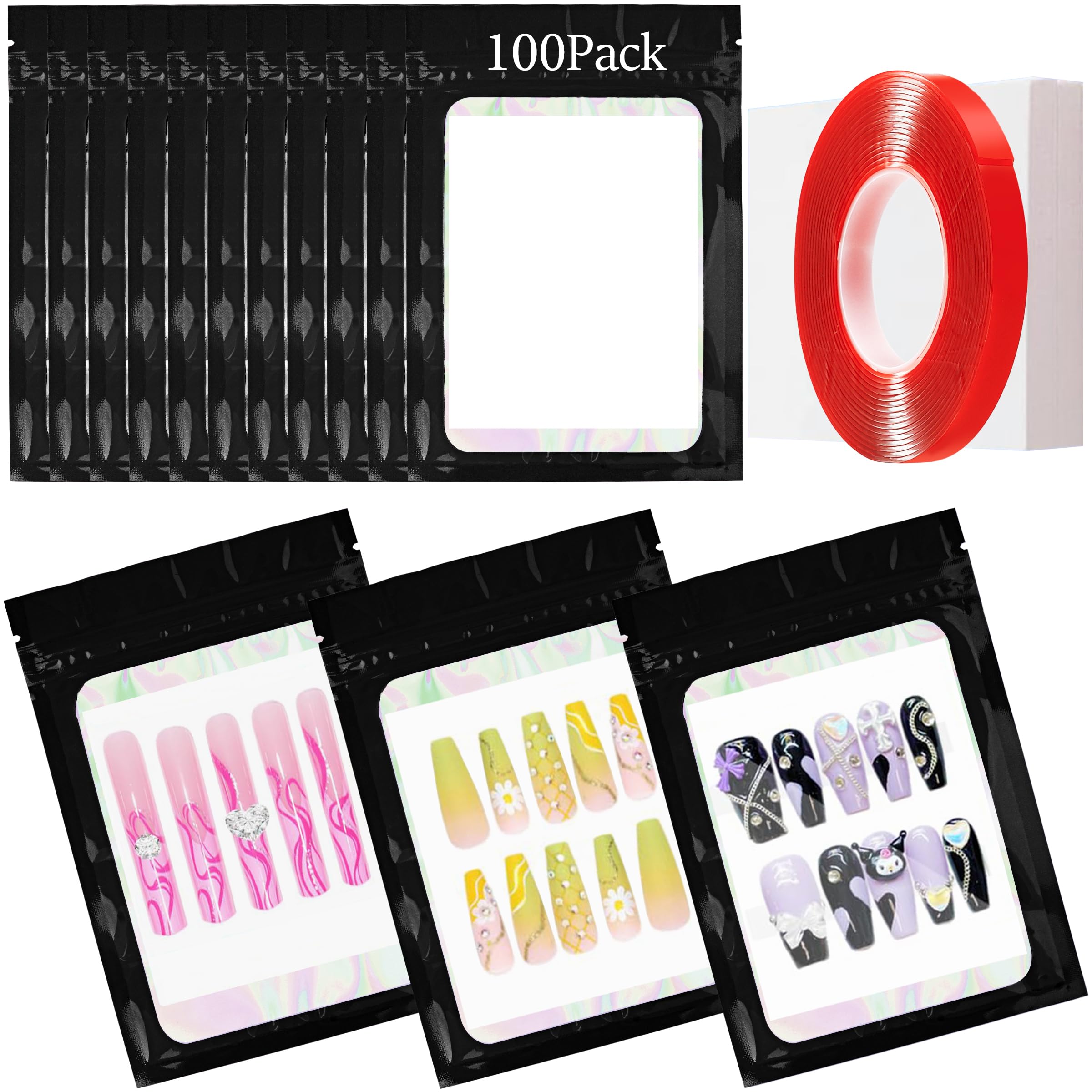 100PCS Empty Solid Black Holographic Nail Storage Bag Press on Nail Packaging Bag and 100PCS Shiny white cardboard Nail Tips Packaging Bags with 1 Roll Transparent Tape-image-33