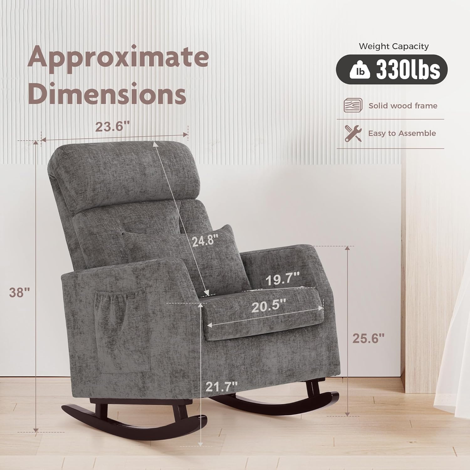 ALPHA HOME Rocking Chair, Glider Chair for Nursery with Lumbar Pillow, High Back Rocker Armchair with Solid Wood Legs for Indoor Living Room, Baby Room, Bedroom(Grey)