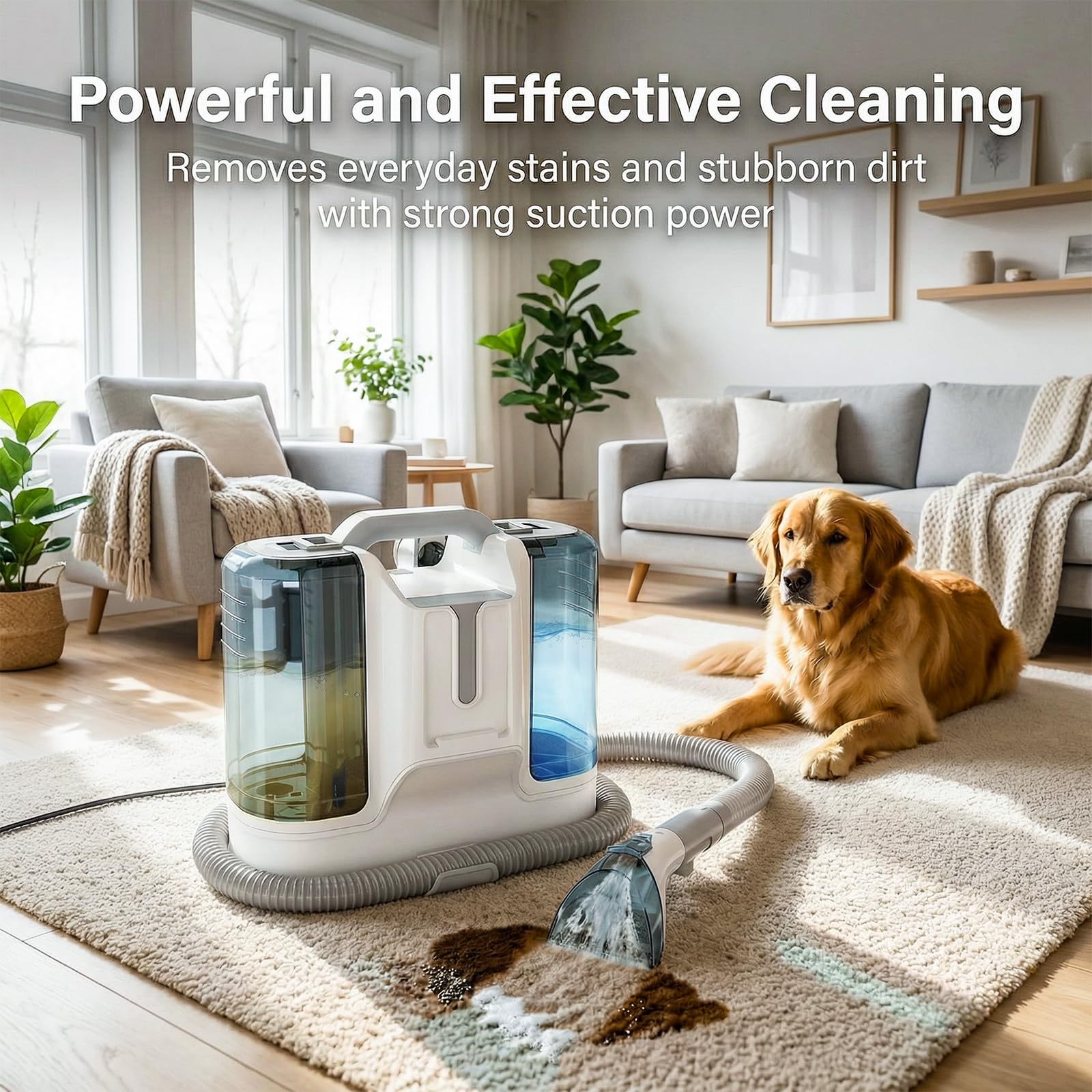 Limpiador de Tapicerias 450W 16 KPa, Aspiradora de Agua Tapiceria con 6 Cepillos de Limpieza, Limpiador de Alfombras con Doble Depósito de Agua de 1800/600 ml, Coche Carpet Cleaner Machine