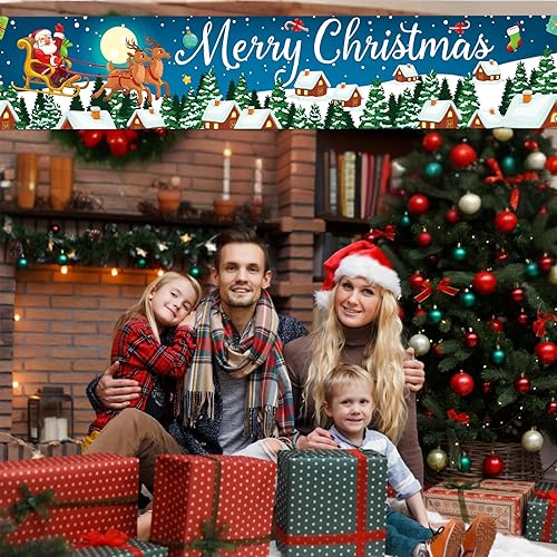 Miniatura 6 de Cartel de Navidad al aire libre, gran tela azul decoraciones de Feliz Navidad con Papá Noel renos regalos de fondo, cartel de Navidad para patio