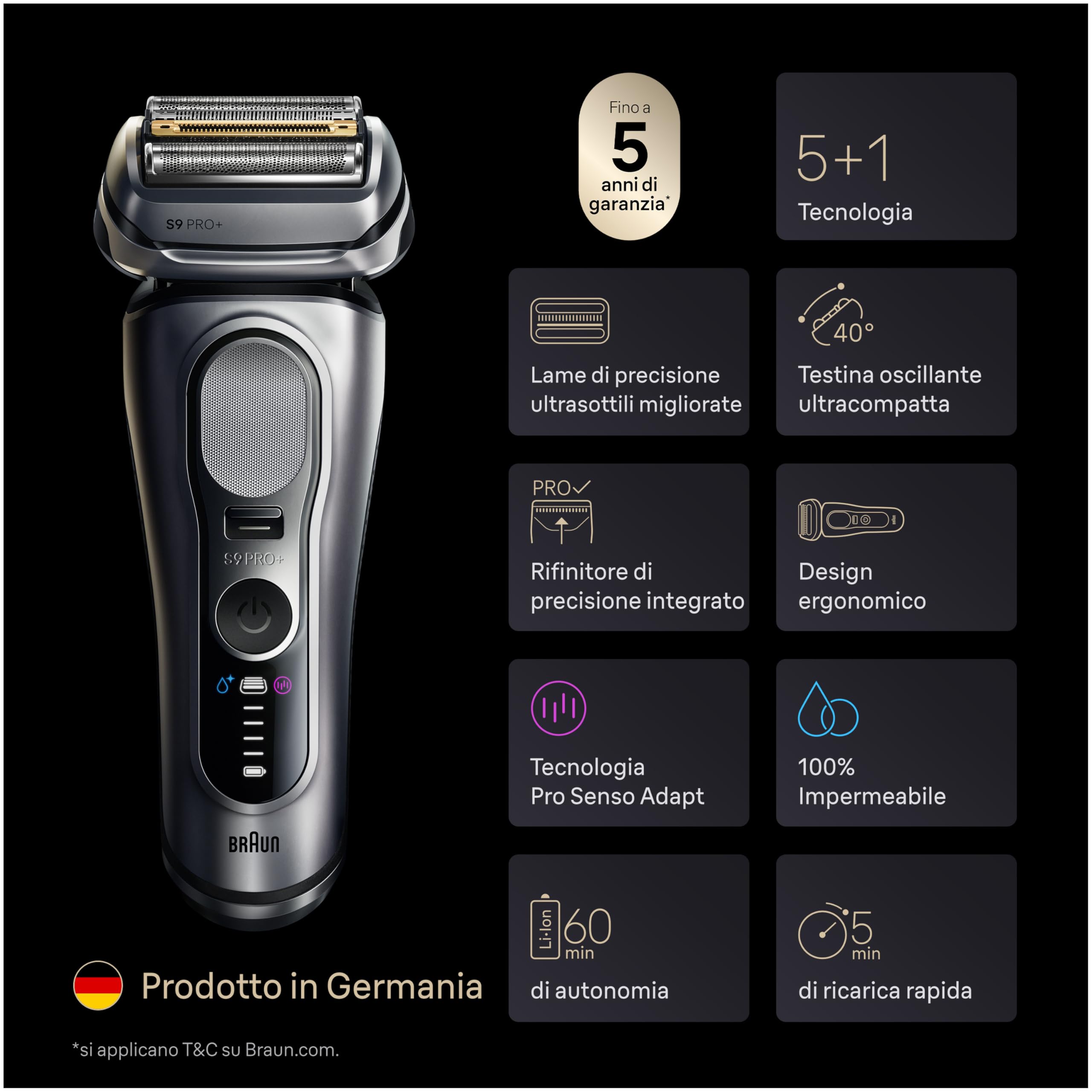 Braun Serie 9 PRO + Rasoio Elettrico Barba, Wet&Dry, 5+1 Lame Di Precisione Ultra Sottili, Regolabarba Uomo, Rasoio Barba, 60 Min Utilizzo, PowerCase, Stazione SmartCare 6in1, Serie 9677cc, Argento