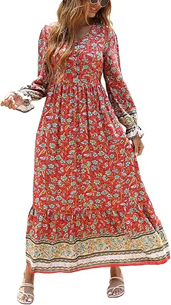PRETTYGARDEN Long Sleeve Maxi Dress for Women V Neck Casual Button Down Boho Long Floral Dresses