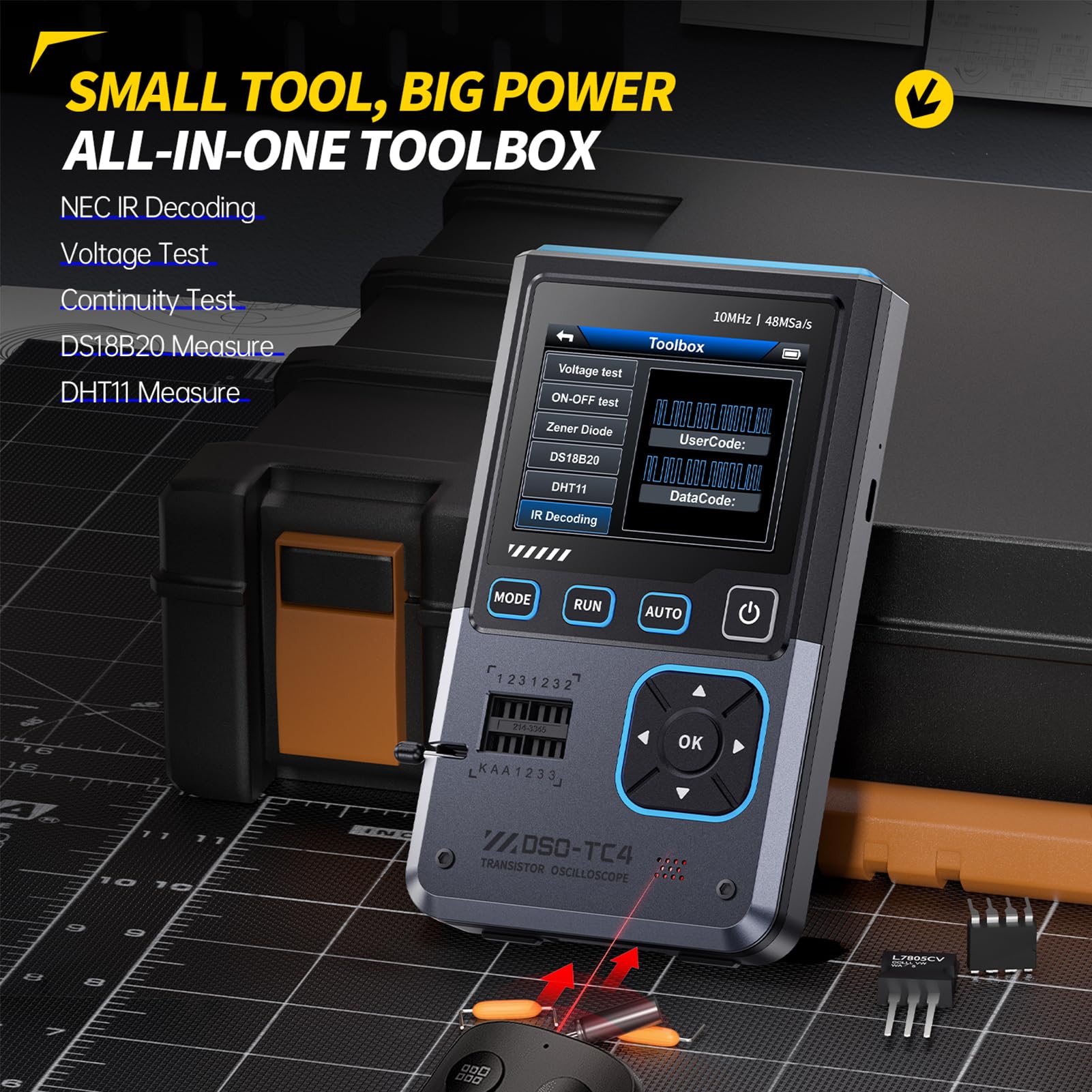 DSO TC4 Oscilloscopio, DSO-TC4 3-in-1 Oscilloscopio Portatile/Tester Transistor/Generatore di segnale, Larghezza di banda 10 MHz,Frequenza di campionamento 48 MSPS
