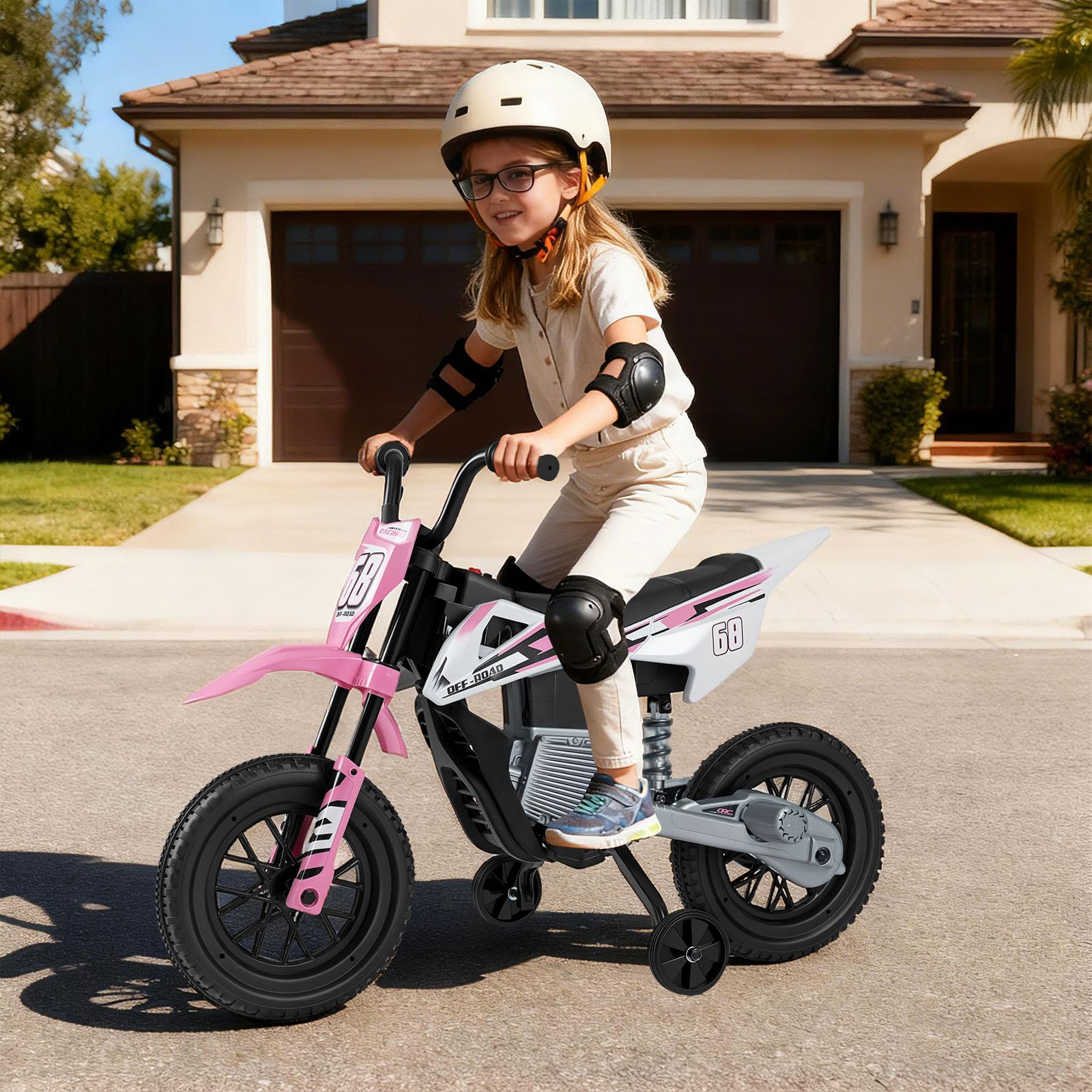 COSTWAY 12V Moto Elettrica per Bambini, Motorino Elettrico con Ruote di Allenamento Rimovibili, Sospensione a Molla, Musica e Connessione Wireless, Motocicletta Cavalcabile per 3-8 Anni (Rosa)