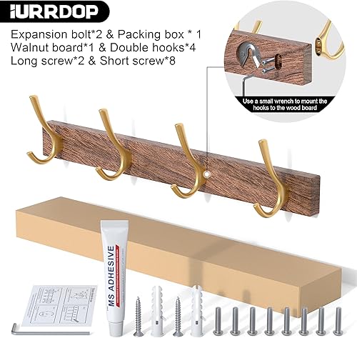 Miniatura 2 de Perchero de madera de nogal de 17 pulgadas con 4 ganchos dobles dorados, ganchos de entrada montados con adhesivo, modernas clavijas de madera