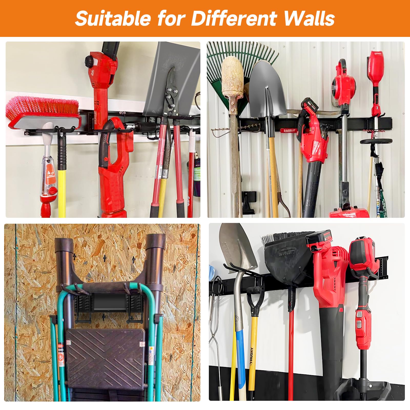 Organizador de herramientas de jardín para montaje en pared, resistente 48 pulgadas, organizador de garaje y estantes de almacenamiento para herramientas de patio con 6 ganchos, soportes para 8