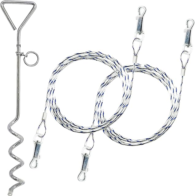 2 X 1.5m Dog Chains for Outside Tie Out Cable for Dogs REFLECTIVE Steel Spiral Heavy Duty Ground Spike Stake (40cm) Dog Tether Dog Camping Accessories Dog Stake (Cable & Stake, 2 X 1.5m (Any Colour))