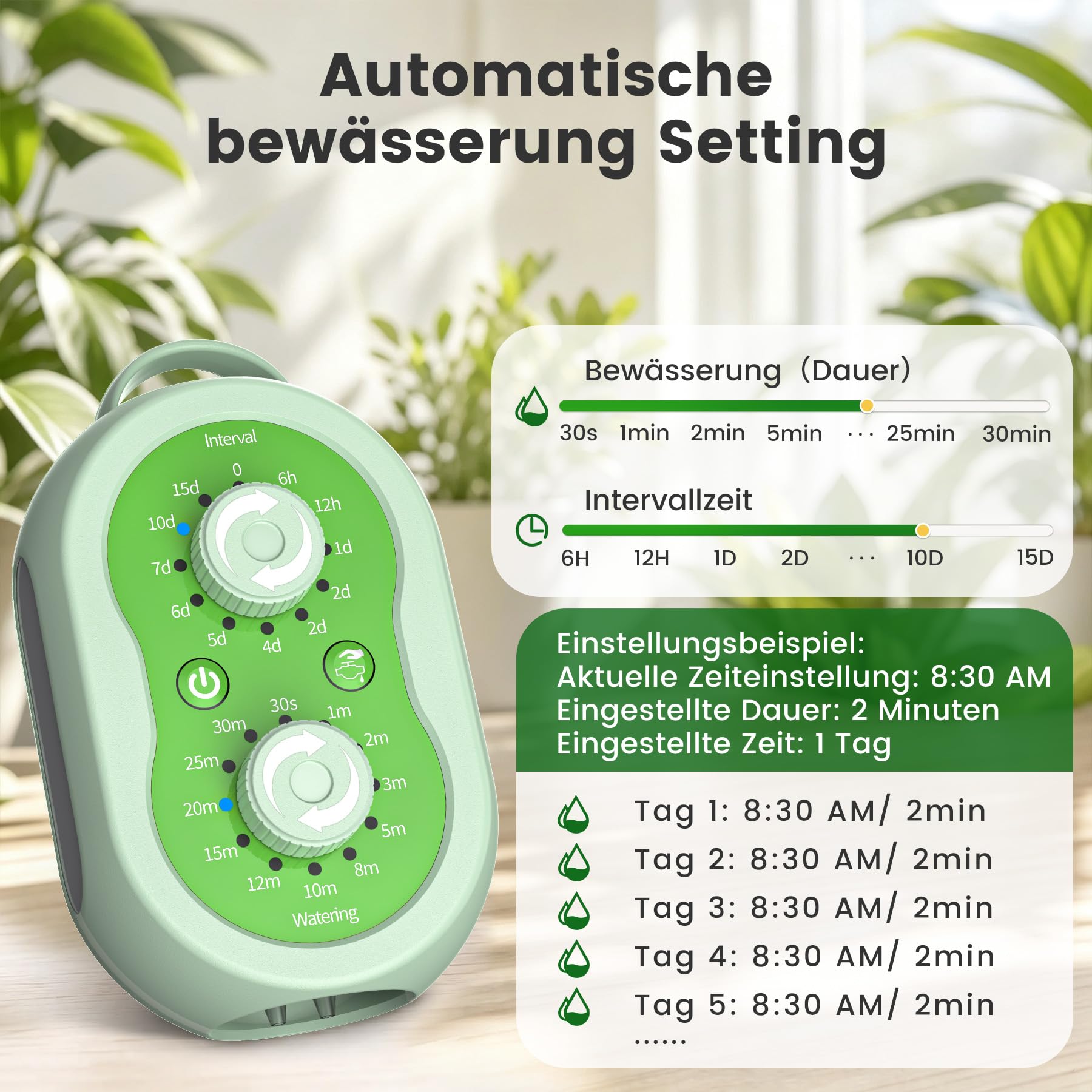 Sistema di irrigazione automatica per interni, con indicatore di stato di carica a LED e doppia manopola per fino a 15 piante in vaso, per balcone, vacanze, serra