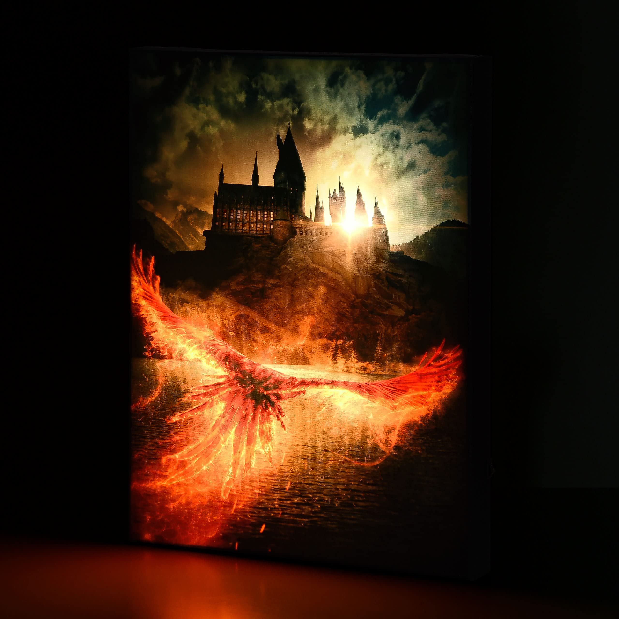 Elbenwald Harry Potter Wandbild mit Licht Phönix über Hogwarts Dumbledores Geheimnisse batteriebetrieben 30 x 40 x 3,8 cm