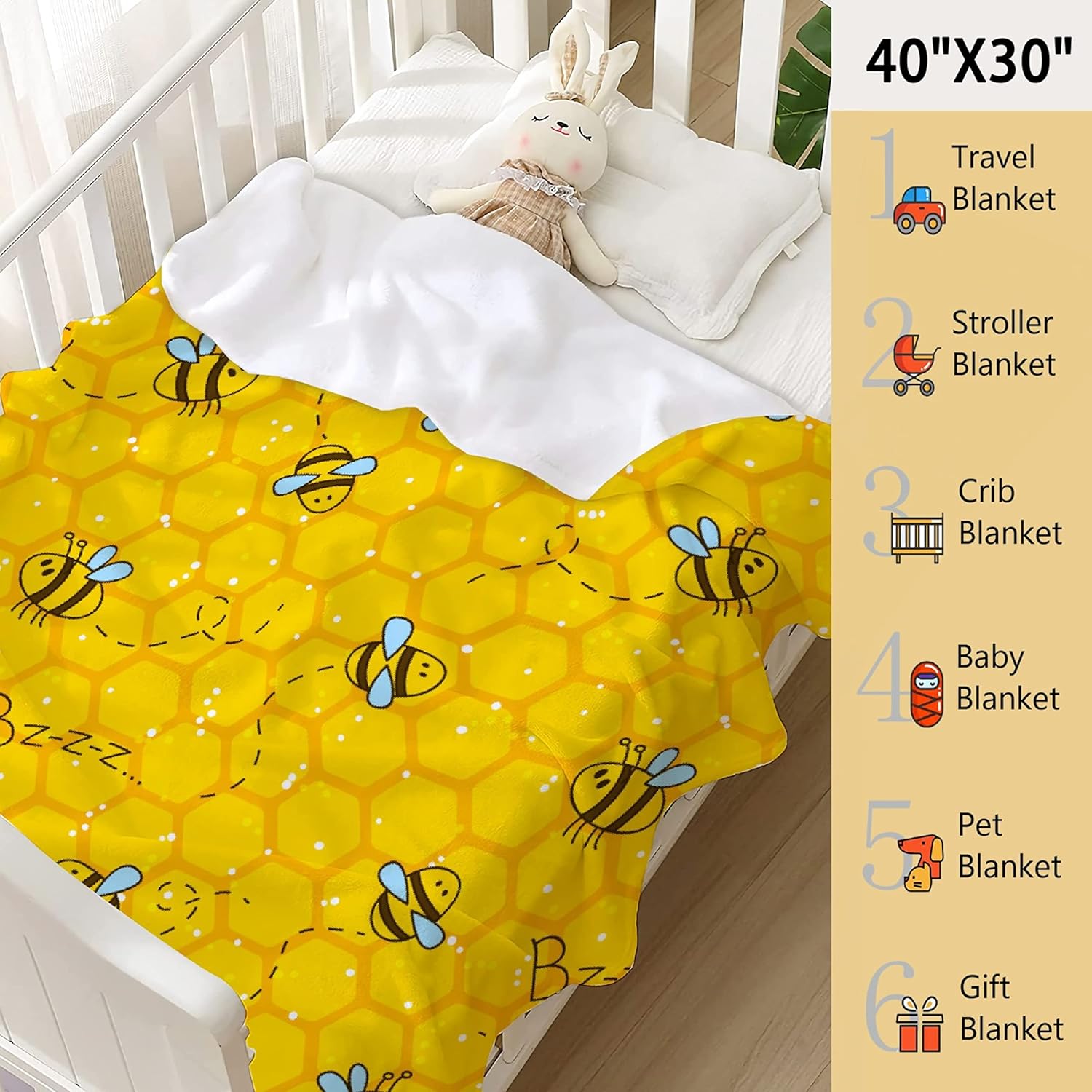 Honeycomb Cute Bee Yellow Blankets for Couch Sofa Bed Fleece Throw Blanket Super Soft Lightweight Warm Gift for Kids Women Indoor Home Decor 40"x30" for Pets - Image 3