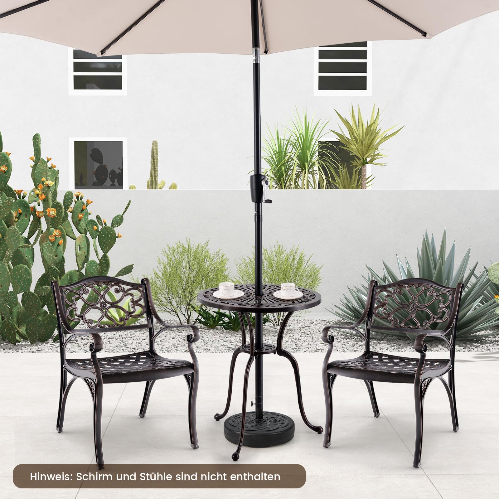 COSTWAY Gartentisch aus Aluminiumguss, 61x61x71cm, wetterfester Balkontisch mit Schirmloch und verstellbaren Fußpolstern, runder Bistrotisch für Garten, Hinterhof, Balkon
