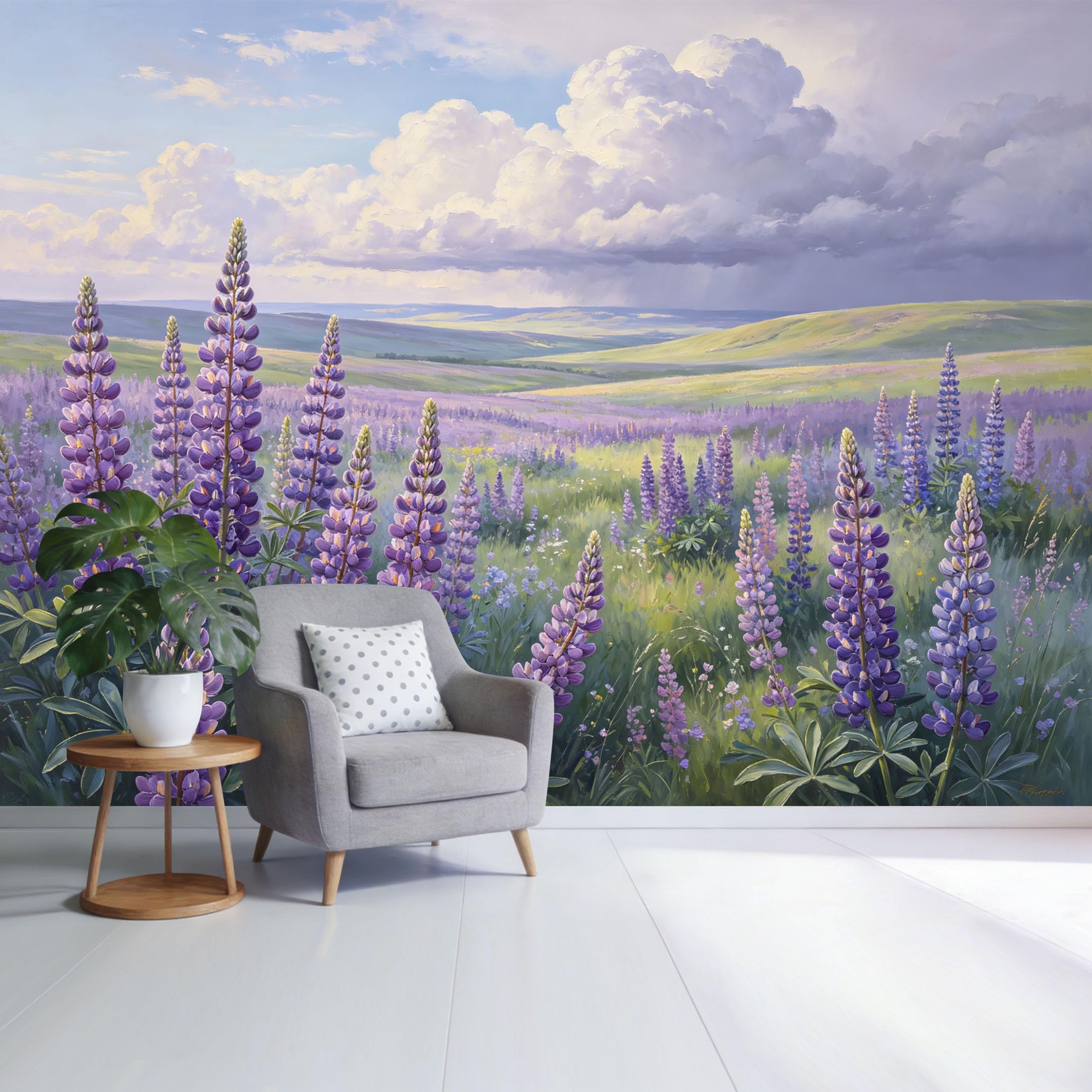 Custom Size Wall Mural Lavender Field Landscape Purple Lupine Flowers Under Cloudy Sky Botanical Nature Scene SelfAdhesive Wall Fabric Removable Wallpaper for Home Office Decor