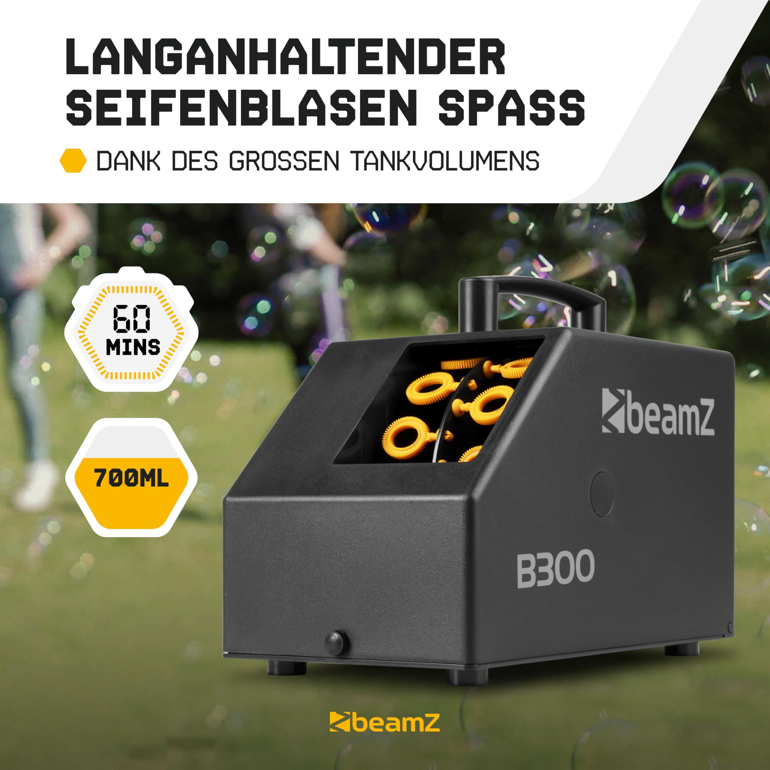 BeamZ B300 Seifenblasenmaschine mit 5L Flüssigkeit, Fernbedienung, 25 Watt, Luftblasenmaschine, Bubble Machine, 10.000 Bubbles pro Minute, Seifenblasen Hochzeit - Schwarz