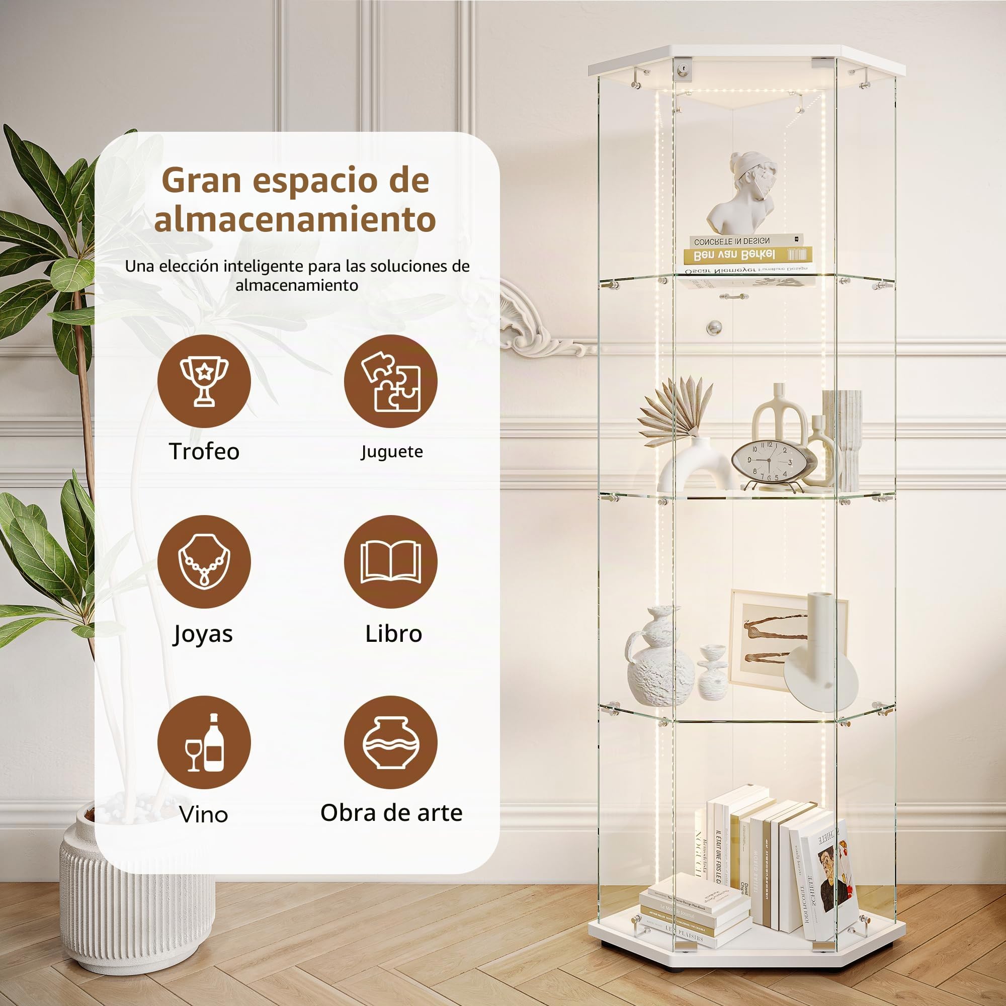 Vitrina de Cristal de Esquina, Vitrina de Cristal con LED, 4 estantes 1 Puerta con Puerta,Moderna Vitrina de Vidrio con Cerradura Vitrina Mueble Transparente para salón Bar 162 x 60 x 42.5 cm