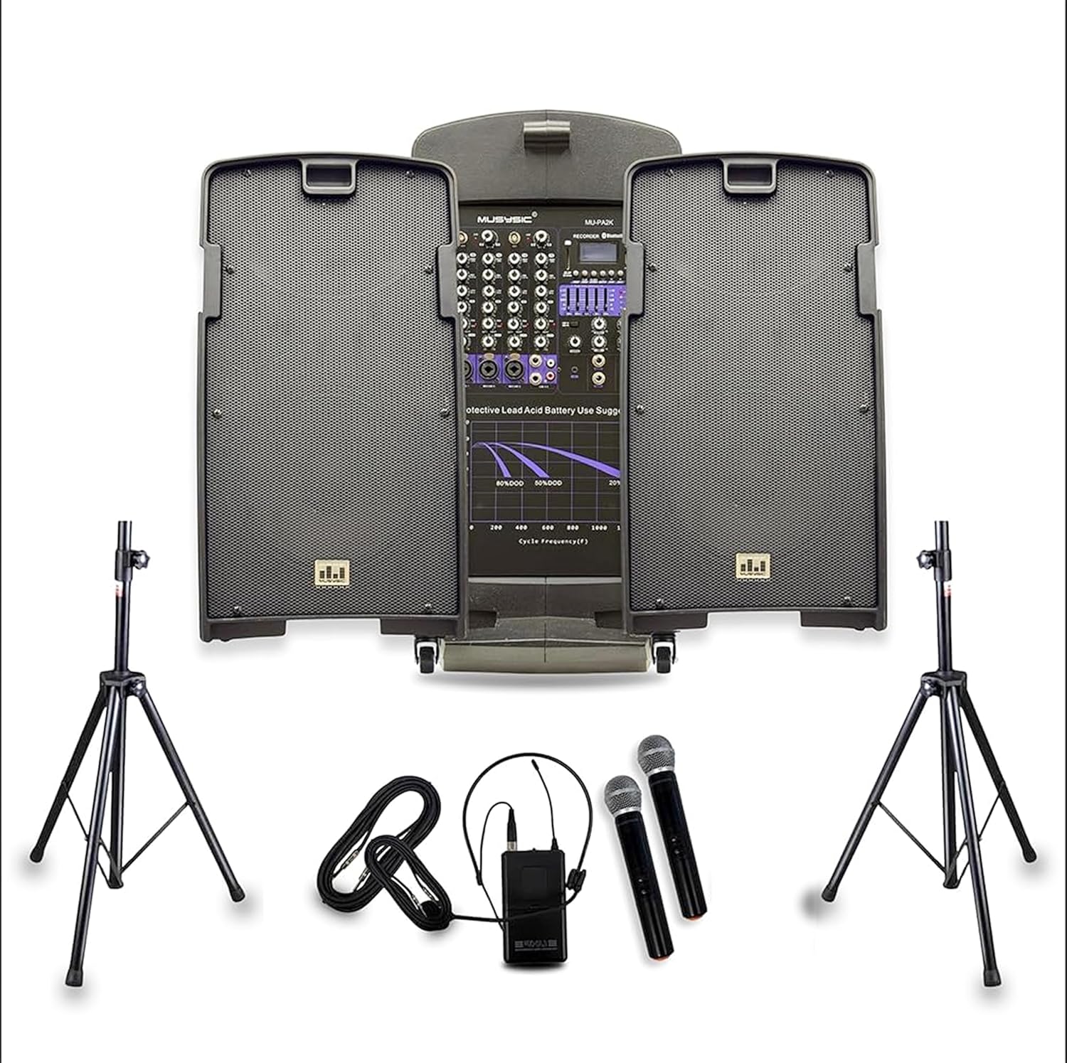 Musysic PA Speaker System with Wireless Microphone and Speakers, 2000W Portable PA System with Bluetooth, Dual Battery Powered 10" Detachable Speakers, 5-Channel Mixer & Stands for Church, DJ, Events