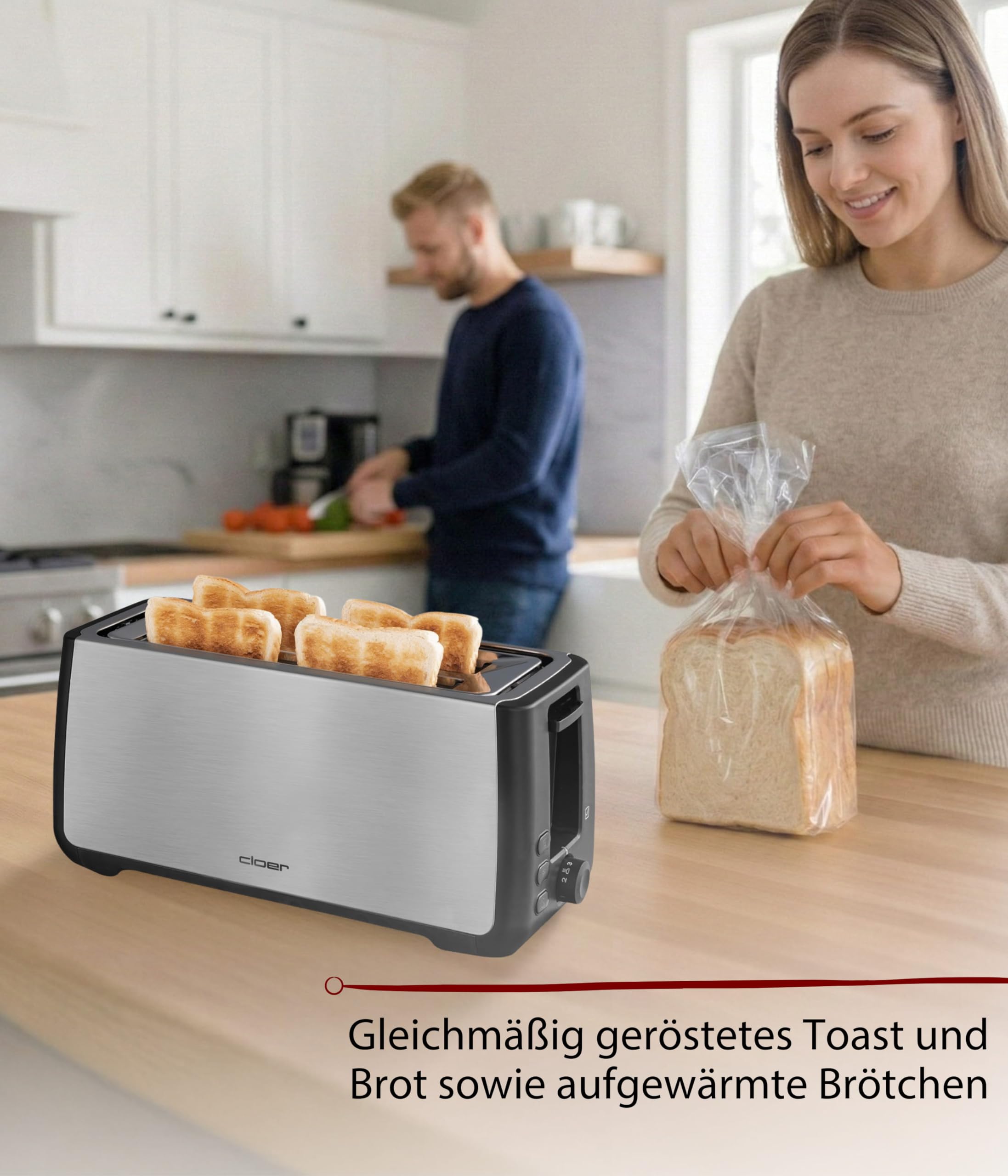 Cloer 3579 King-Size Toaster für 4 XXL Scheiben, Check-Funktion, Edelstahlgehäuse, 1500 Watt, schwarz Kunststoff
