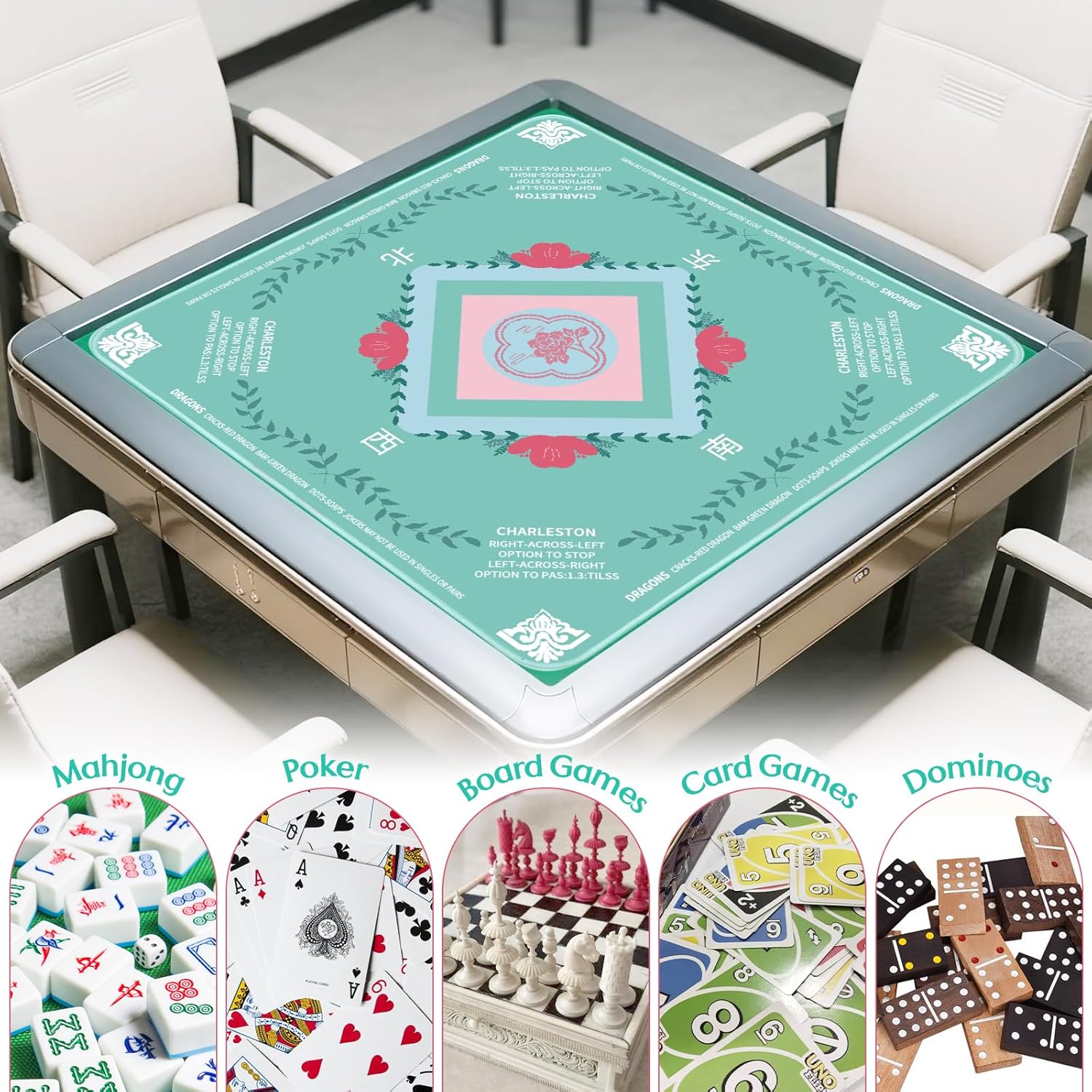 Mahjong Mat for Table, 31.5"x31.5" Diatom Mud Mahjong Table Cover with Rules, Non-Slip & Noise Reduction Gaming Mat, Portable Tablecloth for Mahjong, Board, Poker, Card, Domino & Tile Games (Cyan)
