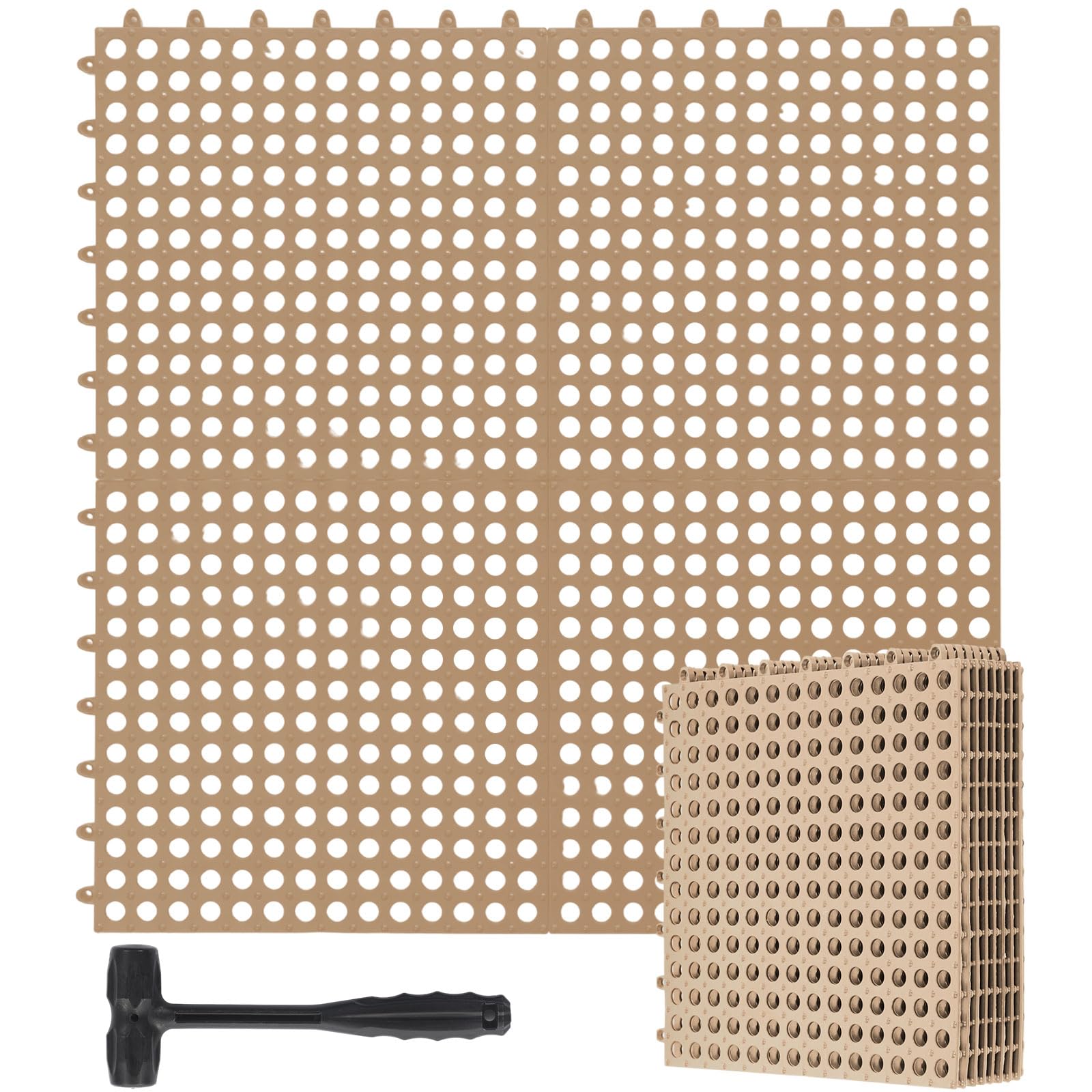Drydiet 8 Pack Drainage Tiles Modular Interlocking Floor Tiles with 1 Pc Plastic Hammer 12" x 12" Cushion Mat Non Slip Rubber Floor mat with Holes for Pool Bathroom Deck Kitchen Patio (Beige)
