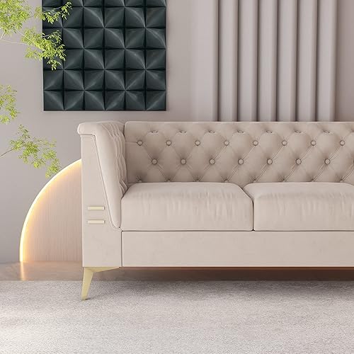 Miniatura 3 de Sofá moderno de terciopelo verde de 85.43 pulgadas para sala de estar, cómodo sofá biplaza tapizado de lujo (terciopelo beige)