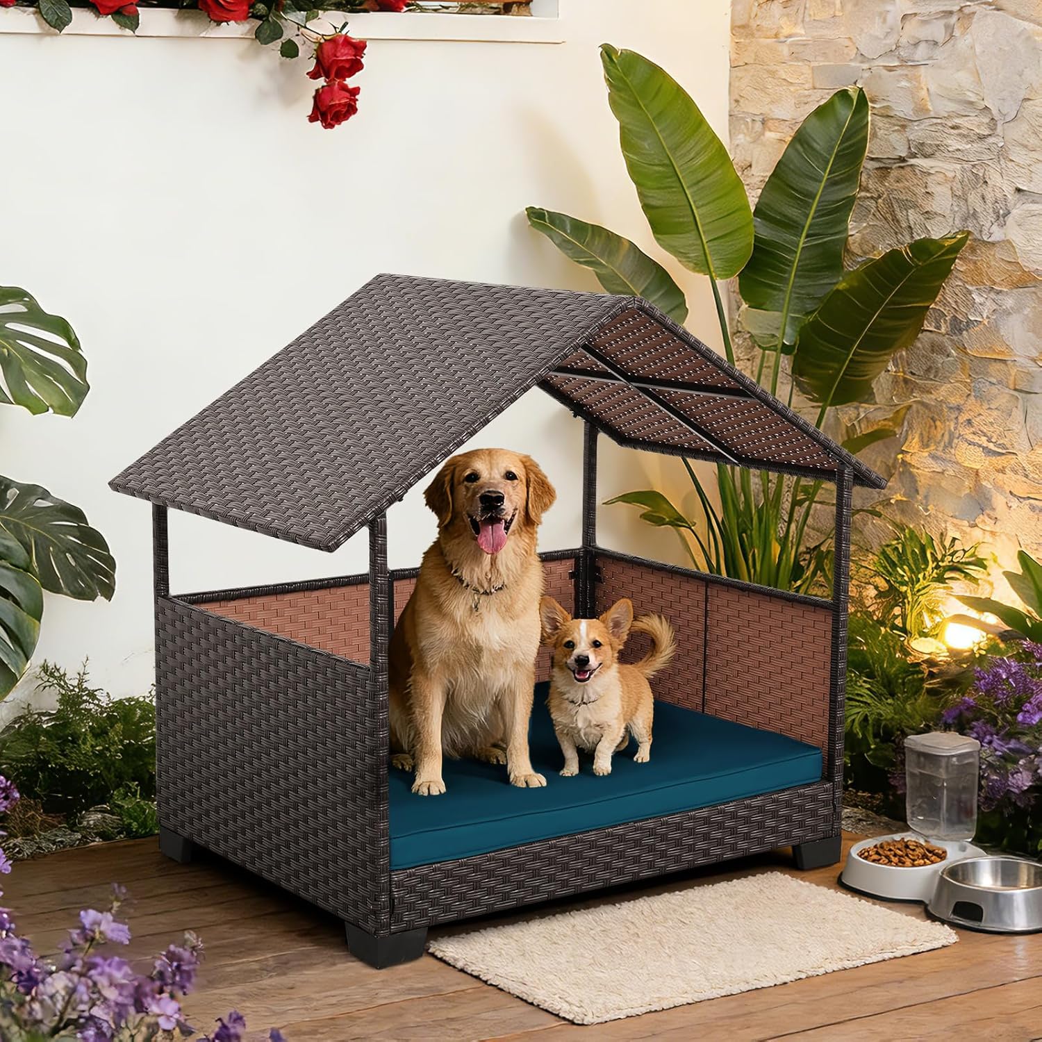 HDPE Wicker Dog House for Medium/Big Dogs 39x30x41in, Outdoor Dog Bed House with Canopy and All-Weather Non-Slip Dog Cot Cushion, Oversize Rattan Dog Bed Shelter and Pet Cabana, Brown