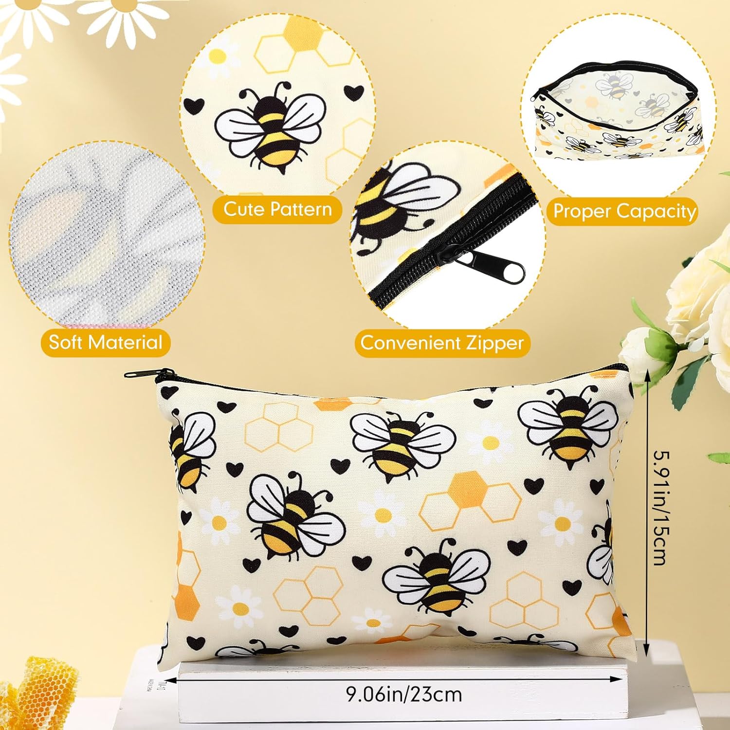 Suhine 3 Pieces Bee Themed Gift Sets for Women Christmas Bee Lovers Gifts with 16 oz Cute Glass Tumbler with Lid and Straw, Canvas Makeup Bag and Socks for Women - Image 3