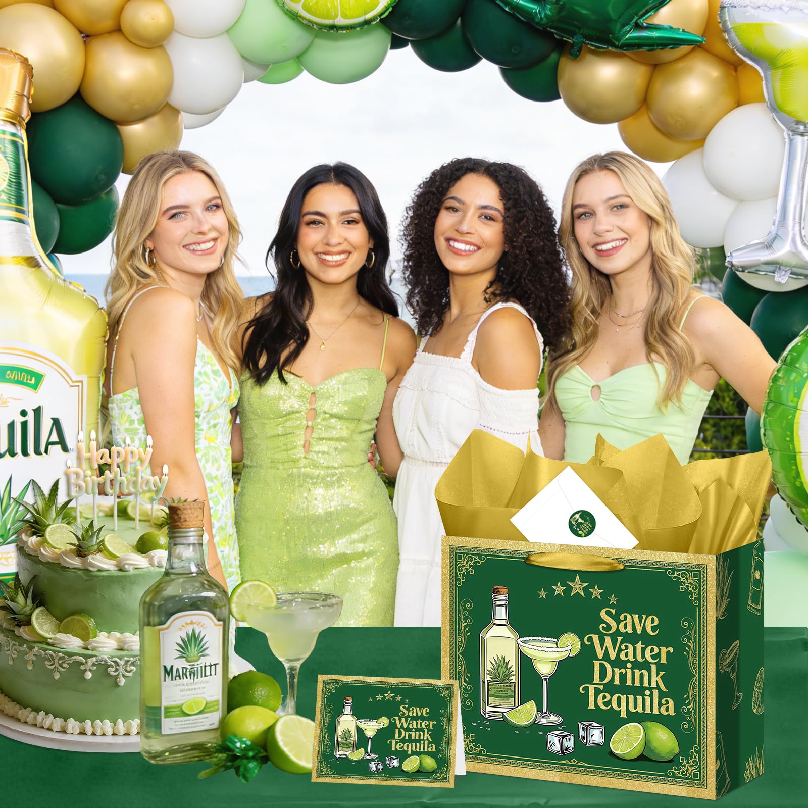 Green Gold Tequila Gift Bag, Margarita All-in-One Set with Greeting Card, Sticker, Envelope, and Tissue Paper, Funny Cocktail Gifts Wrap for Birthday, 21st, Bachelorette, Cinco de Mayo, Mexican Fiesta