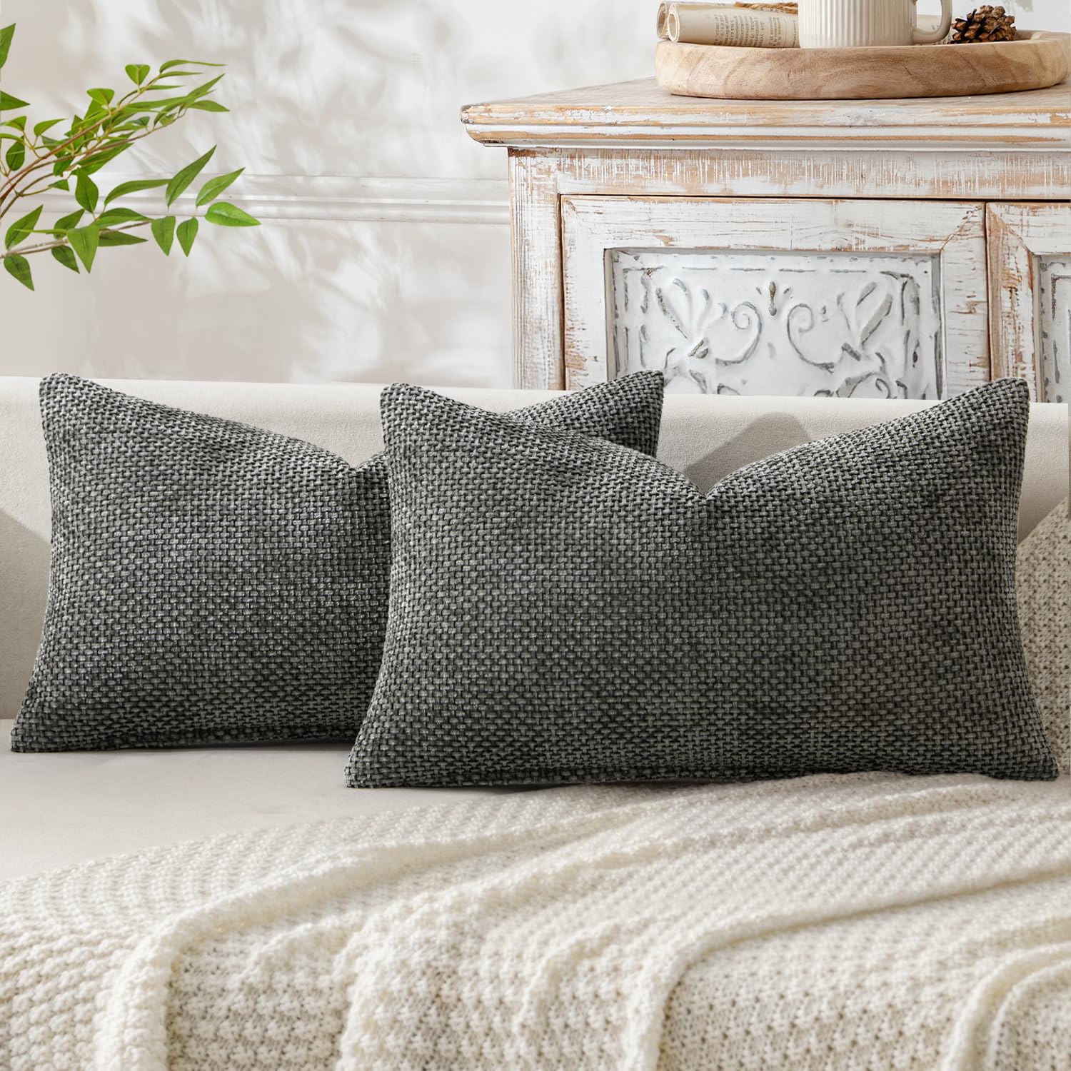 MIULEE Decorative Lumbar Throw Pillow Covers 12x20 Inch Dark Gray 2 Pack