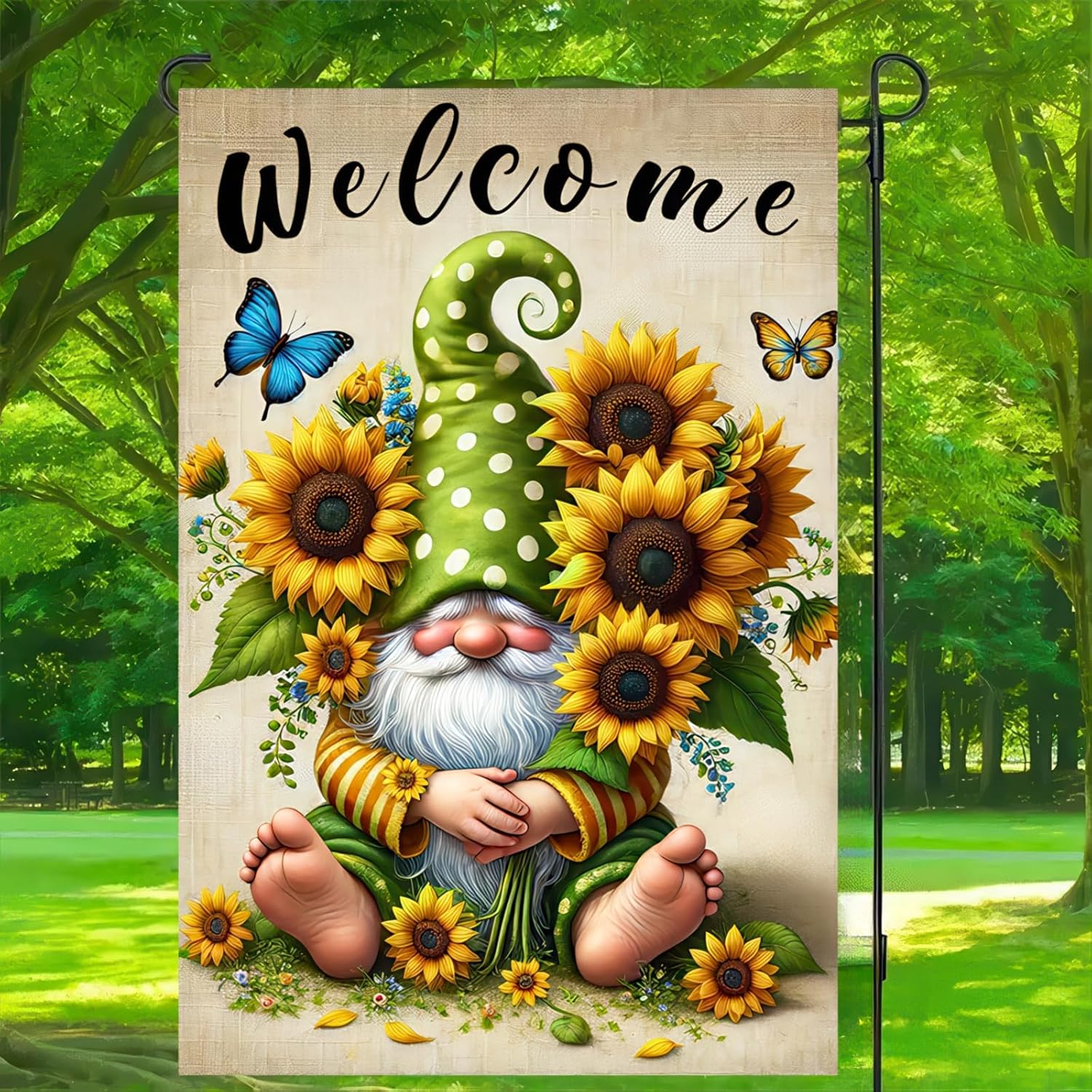 Welcome Spring Gnome Garden Flag Double Sided 12x18 Flag Spring Summer Garden Flag Sunflower and Bee Gnome Funny Spring Farmhouse Yard Flag Seasonal Holiday Outdoor Outside Decoration - Image 4