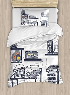 Ambesonne Modern Duvet Cover Set Twin Size, Recording Studio with Music Devices Turntable Records Speakers Digital Illustration, Decorative 2 Piece Bedding Set with 1 Pillow Sham, Cadet Blue