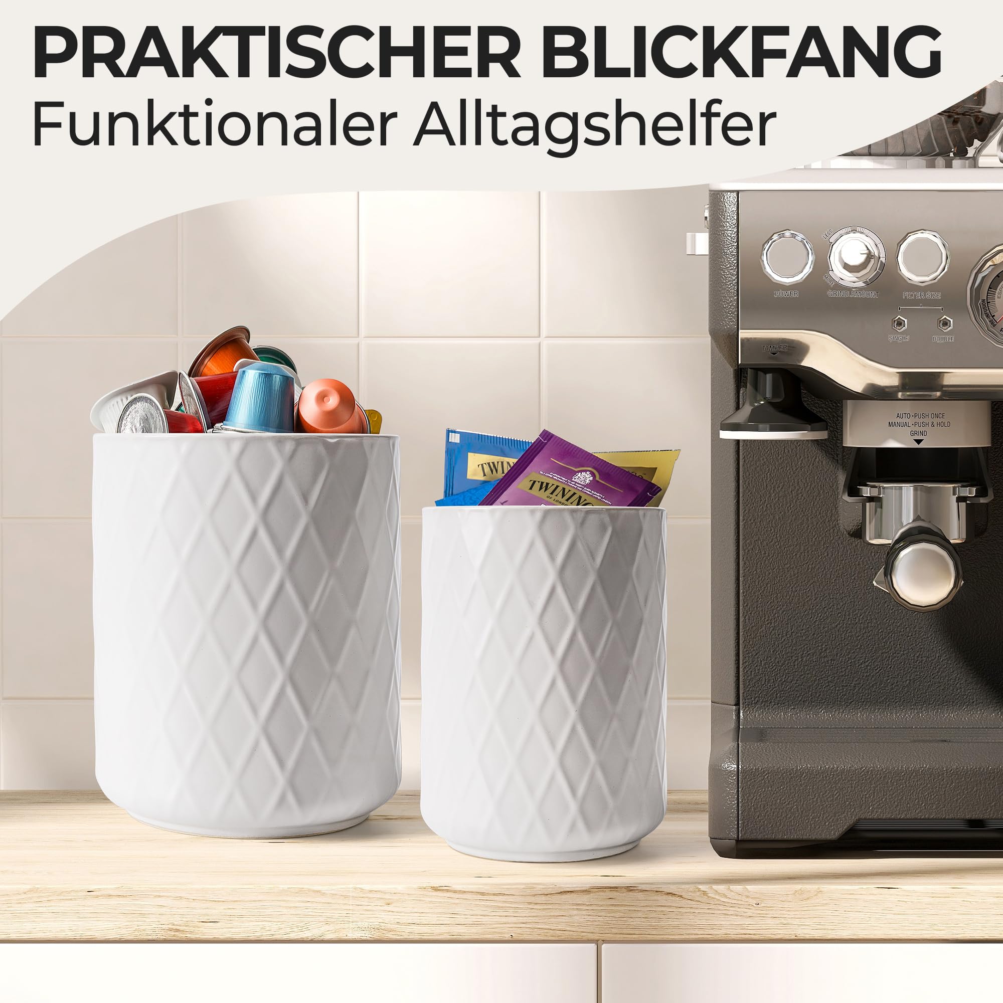MIAMIO – Küchenutensilienhalter Keramik/Küchen Organizer Set für die Aufbewahrung von Besteck, Kochlöffel und Zubehör - Palmanova Kollektion (Weiß)