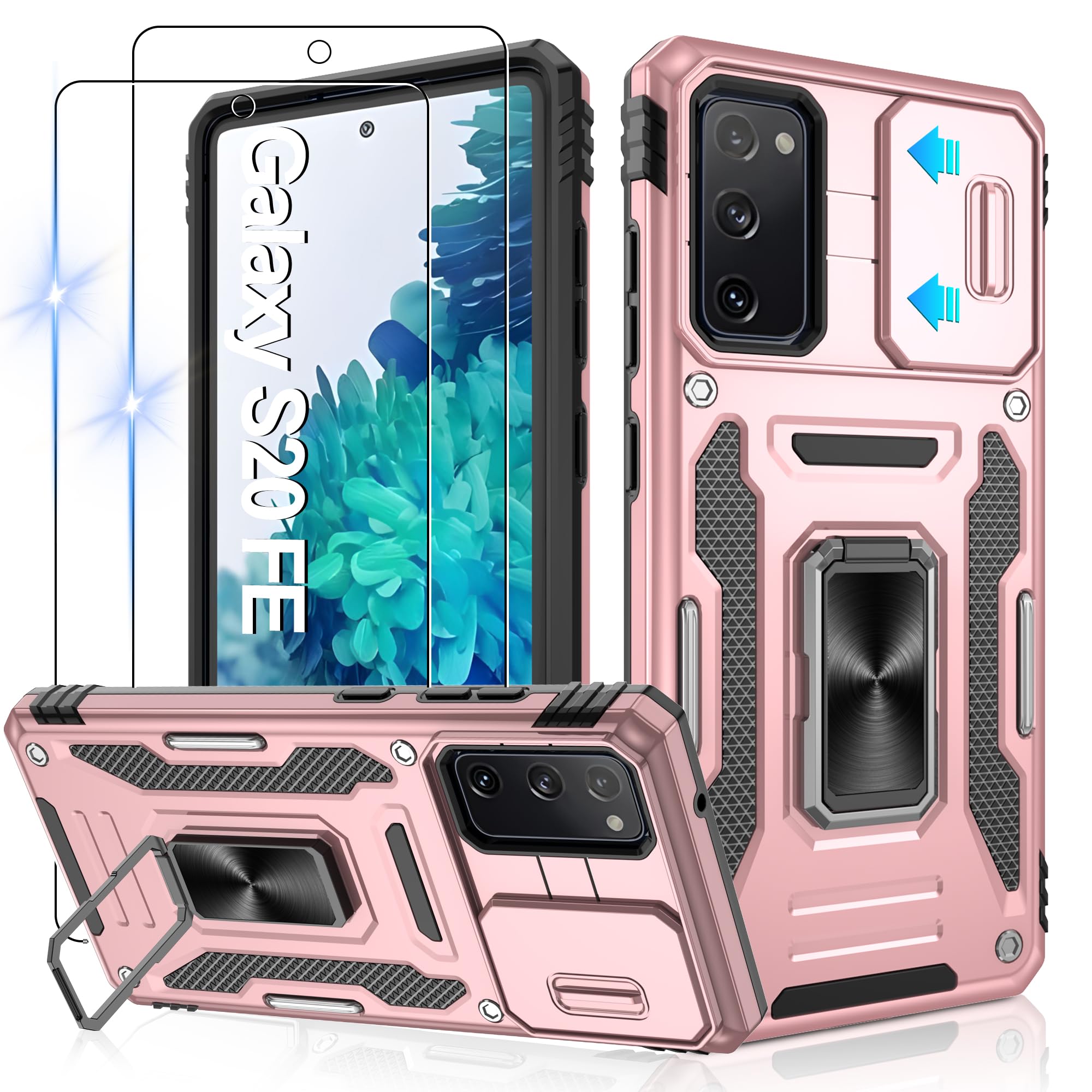 Jshru für Samsung S 20 Fe Hülle Kameraschutz Handyhülle Galaxy S20FE mit 2 STK Schutzfolie Militärstandard Stoßfest Schutzhülle 360° Metall Ring Ständer Case für Galaxy S20FE,Roségold
