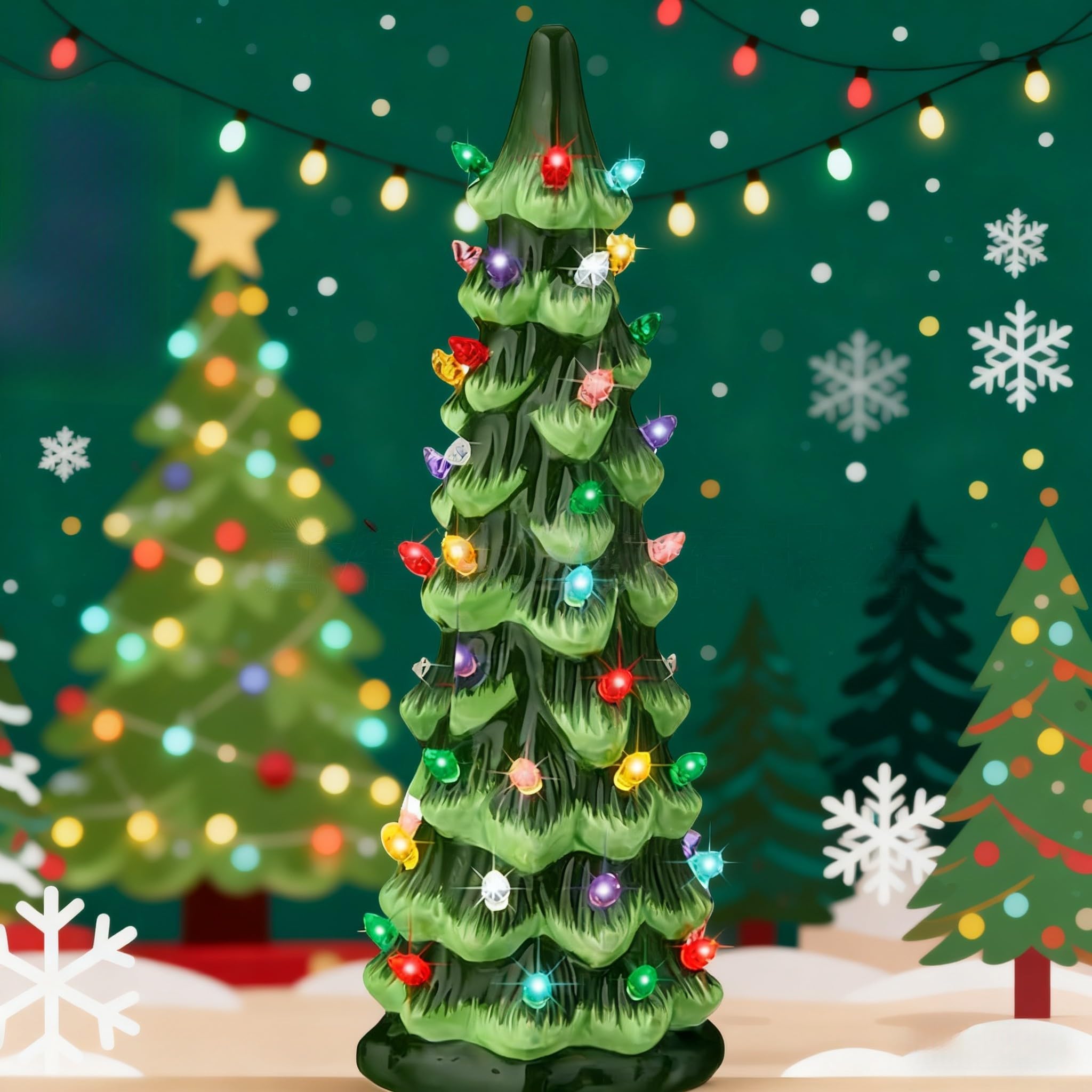 Árboles de Navidad retro pintados a mano con luces LED y función de temporizador automático, para añadir alegría navideña a cualquier mesa (juego)