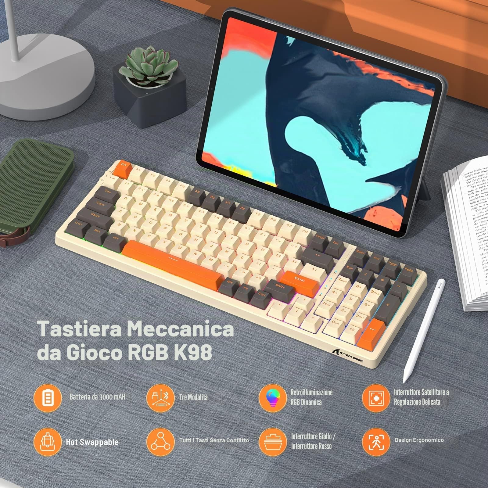 ATTACK SHARK K98 Tastiera da Gioco Meccanica Sostituibile a Caldo con 100 Tasti, BT5.0/2.4G/USB C a Spirale, 3000 mAh,Illuminazione RGB Programmabile,Interruttore a Banana, Poggiapolsi White Cloud