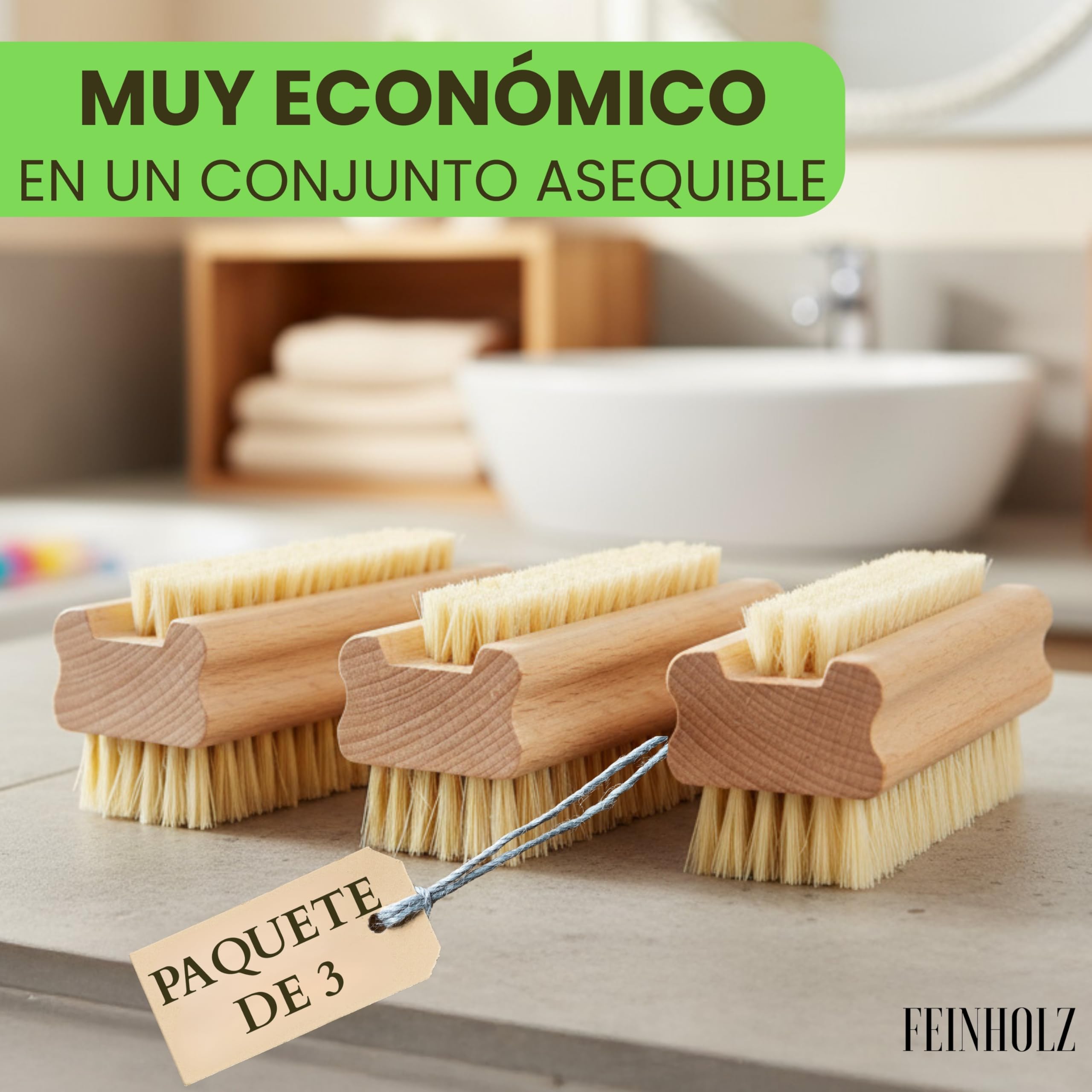 Cepillo uñas de madera natural (3 unidades) – Cepillo para manos y uñas ecológico | Ideal para manicura, pedicura y limpieza profunda | Producto sostenible, sin plástico
