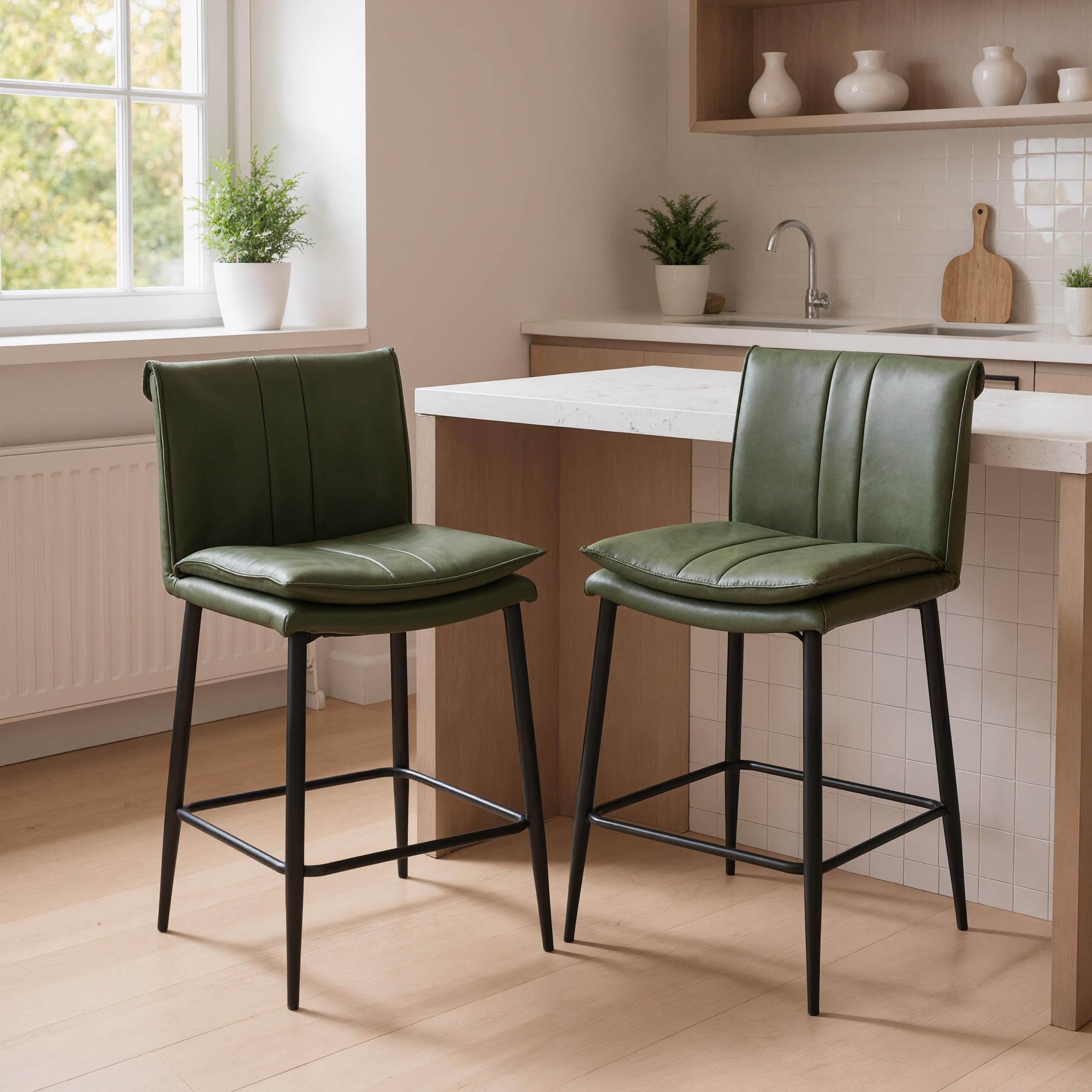 chairus Breakfast Bar Stools Set of 2 PU Leather Upholstered Counter Stools Armless Kitchen High Chairs for Home Bar/Kitchen Island/Dining Room/Café, Green