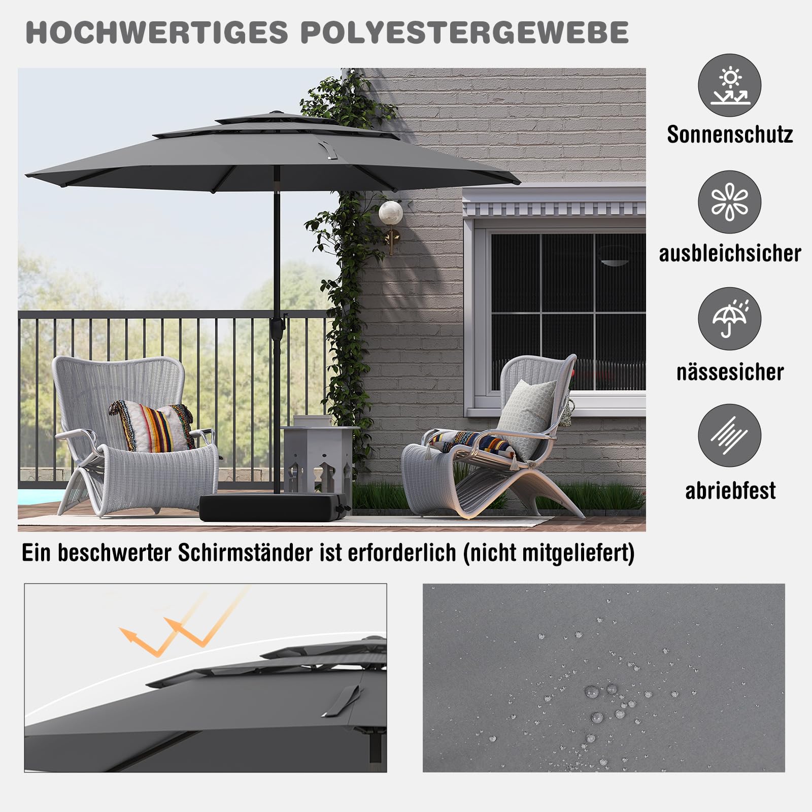 GOPLUS Sonnenschirm 300 cm, Gartenschirm mit Kurbel, beidseitig 30° neigbarer Terrassenschirm mit UV-Schutz, Marktschirm stabil mit 8 Rippen, Balkon Schirm für Strand, Pool, Garten, Grau