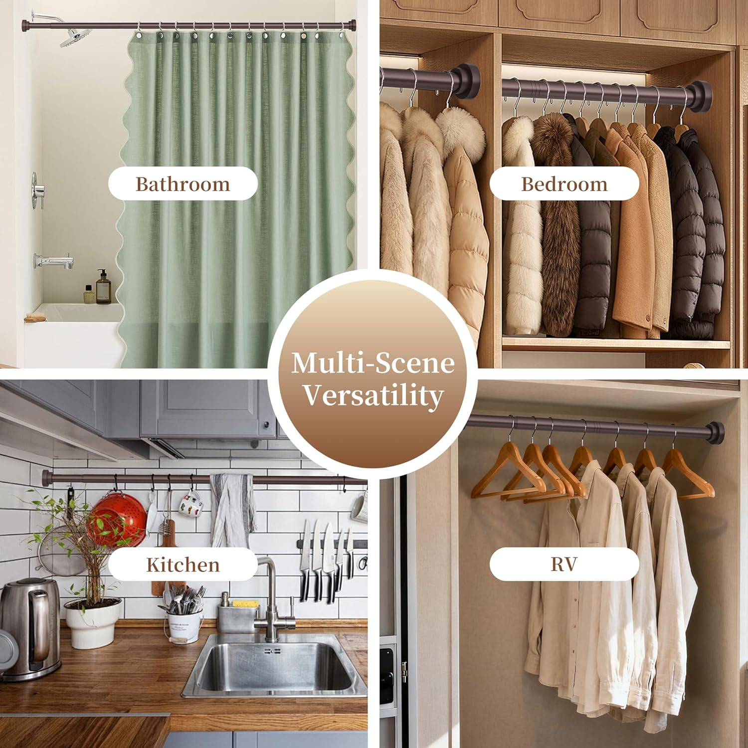 STARLATTA 2 Pack Shower Curtain Rods:43-78 Inch No Drilling Tension Rods, Heavy Duty Telescopic Adjustable, Stainless Steel Rust-Proof Spring Anti-Slip Curtain Rod for Bathroom (Brown,78'')