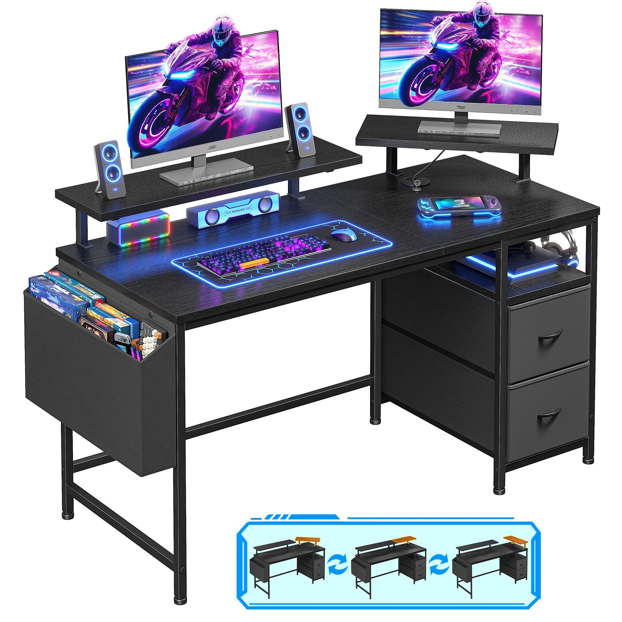 Cliporix 100cm Small Corner Gaming Desk, Black Computer Desk with Dual Monitor Stands, 2 Storage Bags, Side Pocket & Headphone Hooks, Space-Saving Workstation for Bedroom Office Dorm, Easy Assembly