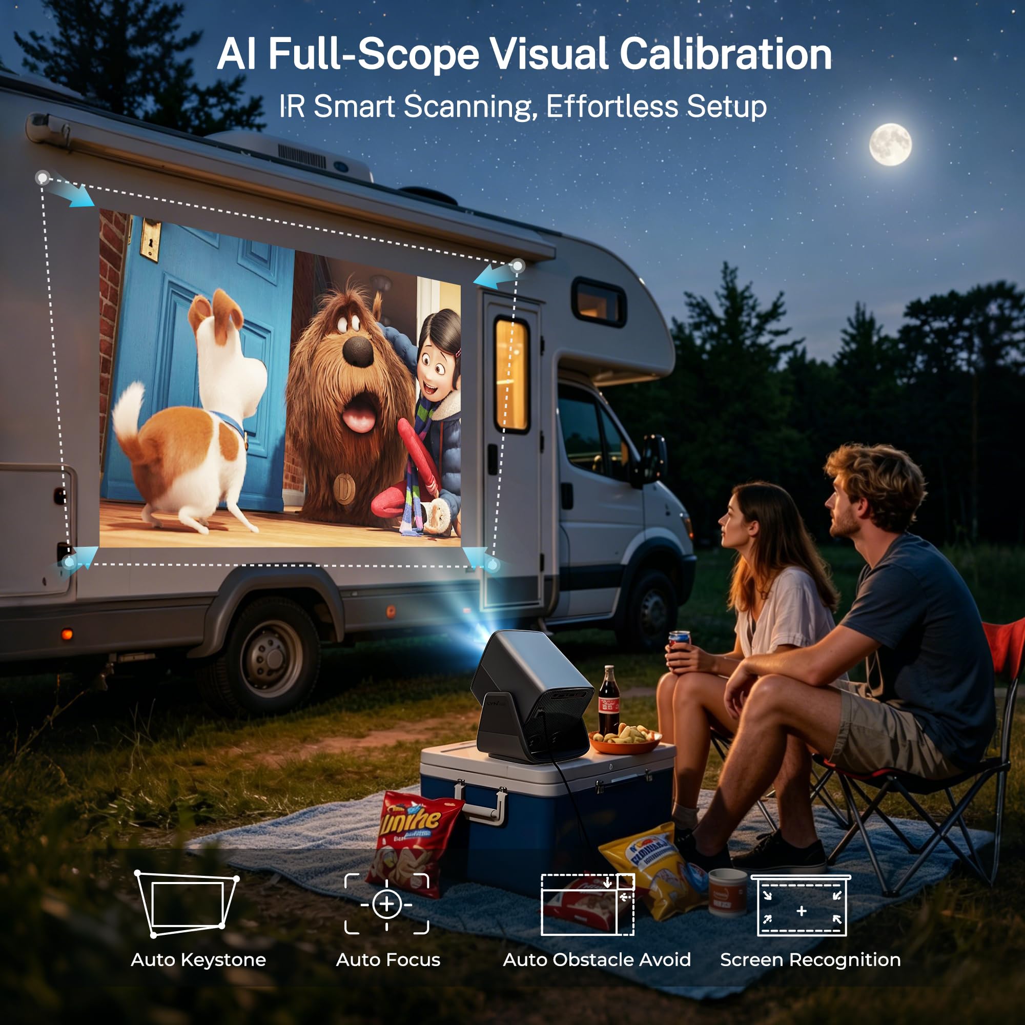 Proiettore Smart GTV 4K Support 2000 ANSI 1080P Nativo Autofocus AI HDR10 | Proiettore Portatile con Controllo Vocale, Messa a Fuoco Automatica IA, Dolby Audio 36W, Wi-Fi e Bluetooth