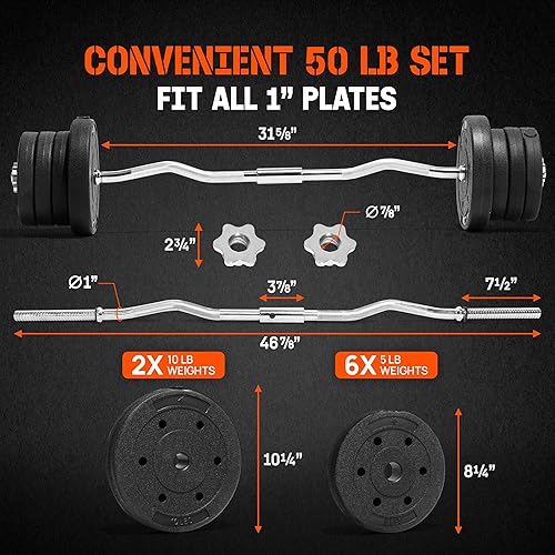 Miniatura 3 de Yes4All Standard Straight Barbell 60" & EZ Curl Bar 47", Capacity 200 to 480 LB, Weight Bar 1" to 2" Diameter - Star Lock Collars, Rubber Ring,