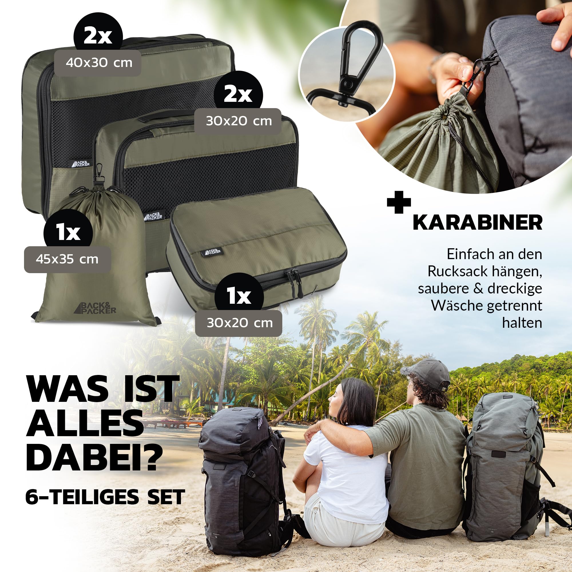 BACK&PACKER® Organizer da viaggio con compressione, set da 6 pezzi in materiale riciclato per zaino e valigia, verde oliva