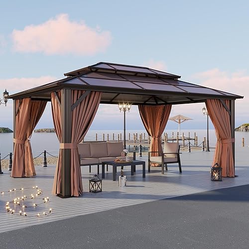 Aoxun 12'x16' Hardtop Gazebo, Aluminum Frame Permanent Pavilion with Curtains and Netting, Outdoor Polycarbonate Double Roof Canopy, Designed for Garden, Lawns, Patio