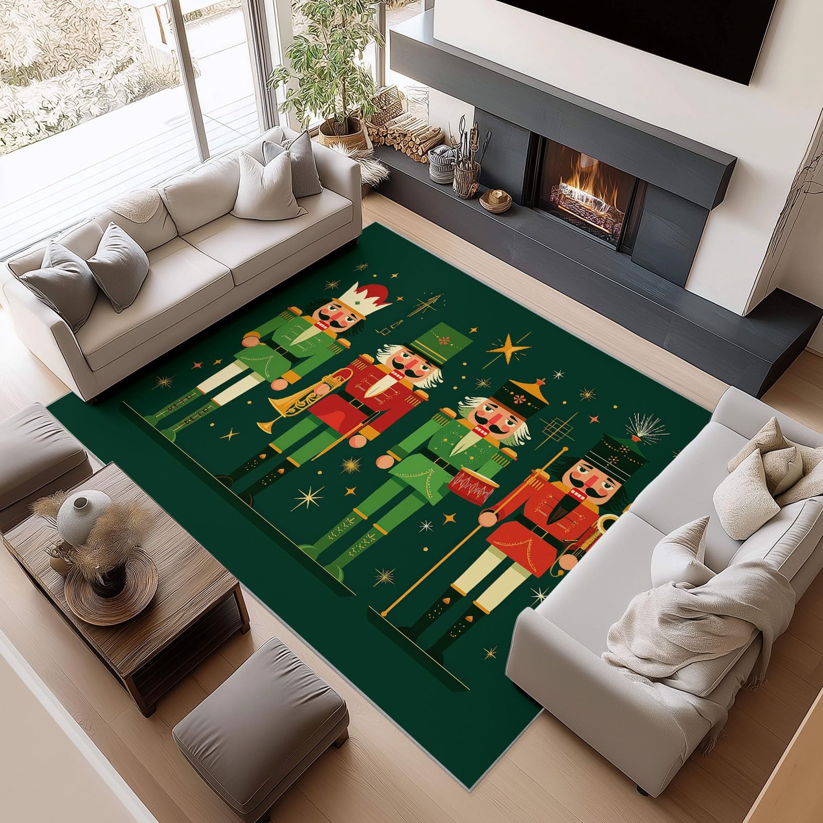 Dywan nadaje się do prania, 140 x 200 cm, elegancki retro dziadek do orzechów, gwiazdy, antypoślizgowy dywan, miękki dywan z krótkim włosiem, ciemnozielona mata do pokoju dziecięcego, na Boże