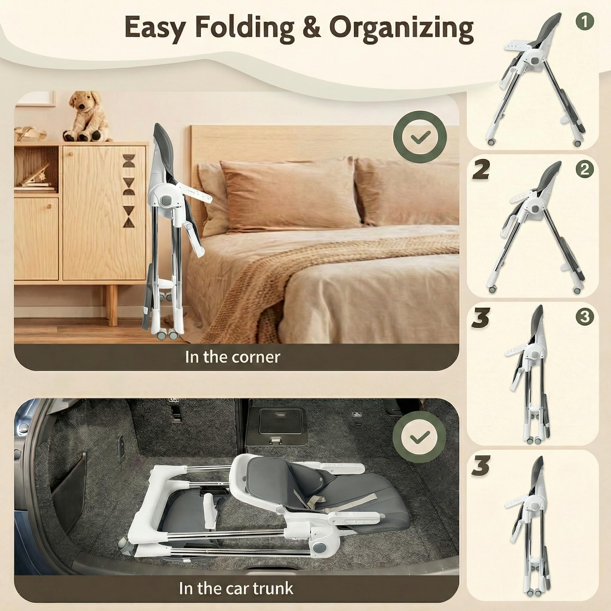 Trona para bebé, trona con cinturón de seguridad de 5 puntos, altura regulable, respaldo ajustable en 4 posiciones, trona combinada, reposapiés ajustable, mesa ajustable, plegable, gris