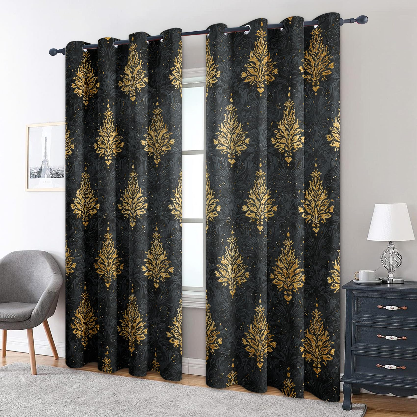 Generisch Blickdichte Vorhänge Schwarzes Damastmuster Muster, H 260 x B 140 2er Set - Viktorianischer Golden Blumen Fenster Gardinen mit Ösen, 260 cm Lang Curtains Wohnzimmer Schlafzimmer Deko S&V-27