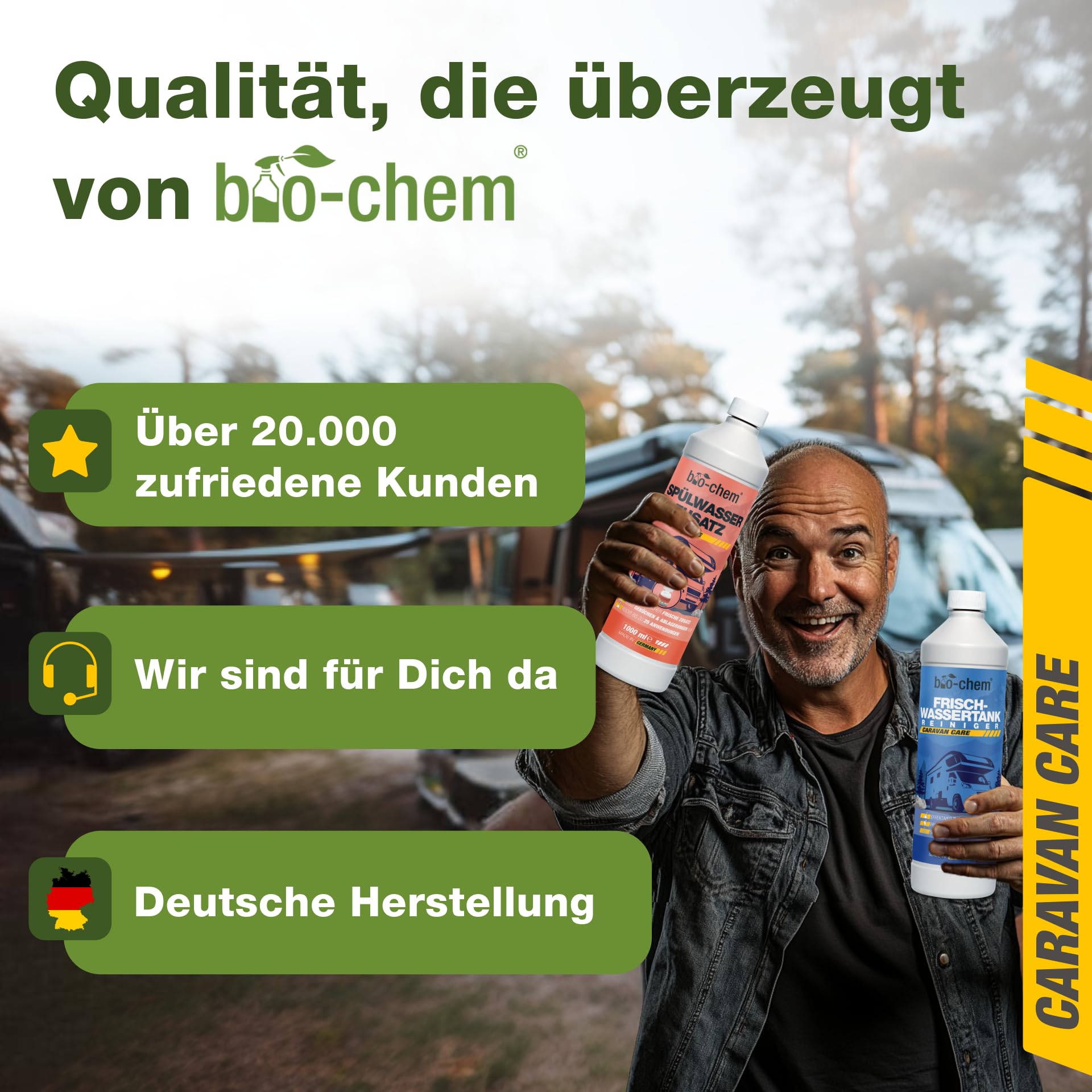 bio-chem Camping Hygiene Zusätze Set 3-teilig | Mit Sanitärflüssigkeit 1L, Frischwassertank-Reiniger 1L und Grauwassertank-Zusatz 1L | Campingtoiletten-Zusätze